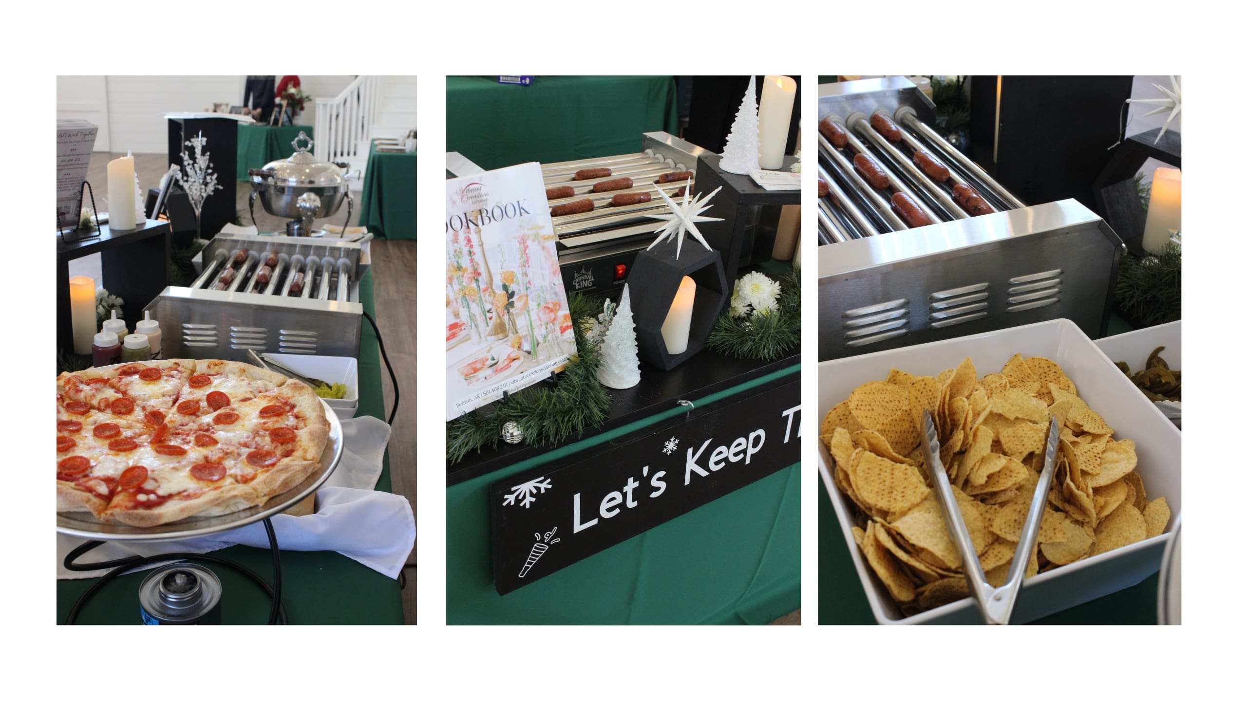 A buffet table at a Married & Bright Wedding Event features pepperoni pizza, tortilla chips, grilled hot dogs, condiments, and festive holiday decorations on green tablecloths.