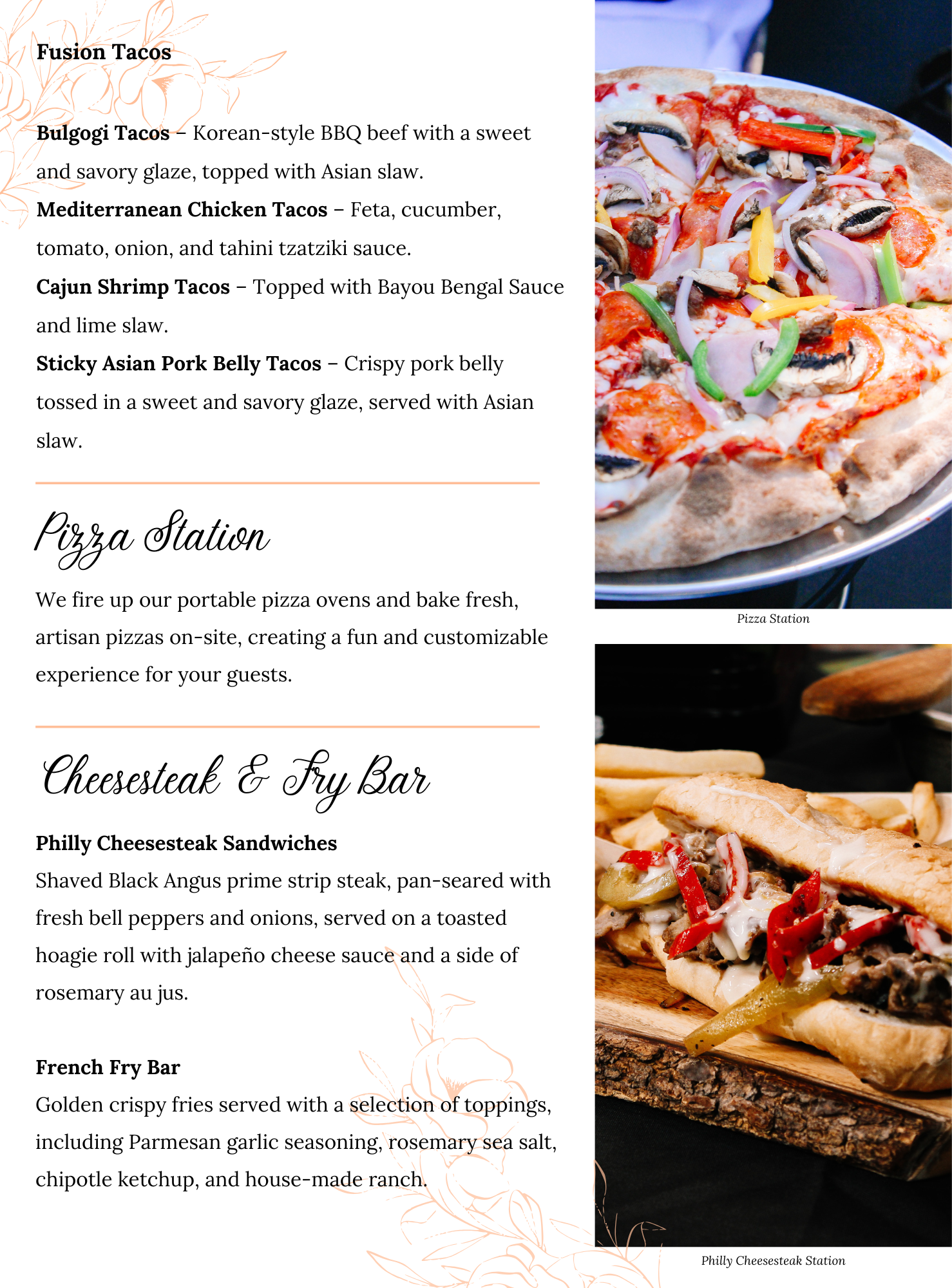 A vibrant action station menu page with food photos, describing Fusion Tacos, pizzas, Philly cheesesteak sandwiches, and fries. Enjoy Korean BBQ, Mediterranean, Cajun, and Asian flavors with close-up images of pizza and cheesesteak sandwiches.