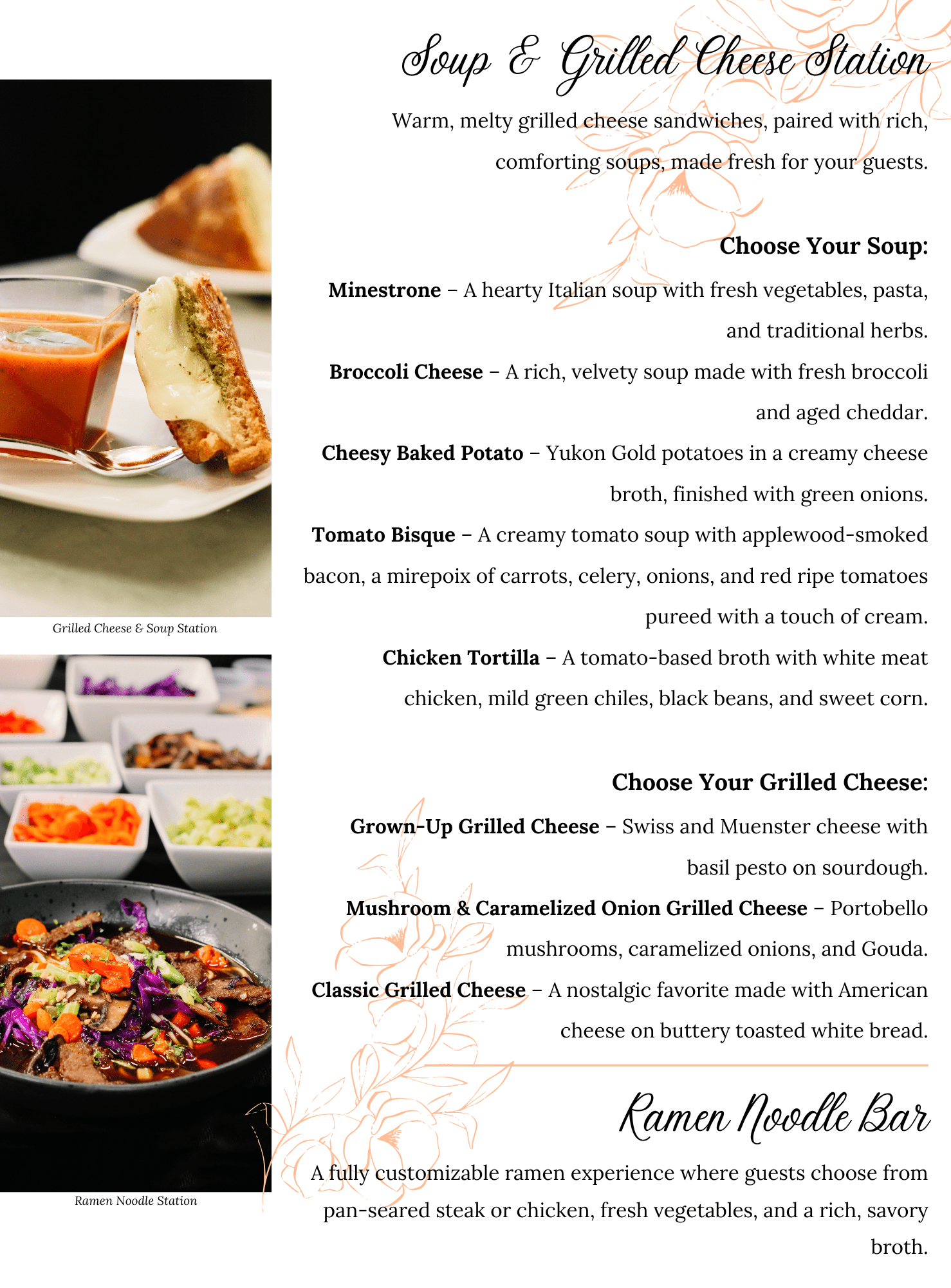 A catering action station menu featuring a Soup & Grilled Cheese Station with various soups and grilled cheese options, plus a Ramen Noodle Bar offering customizable bowls with assorted toppings and savory broth.