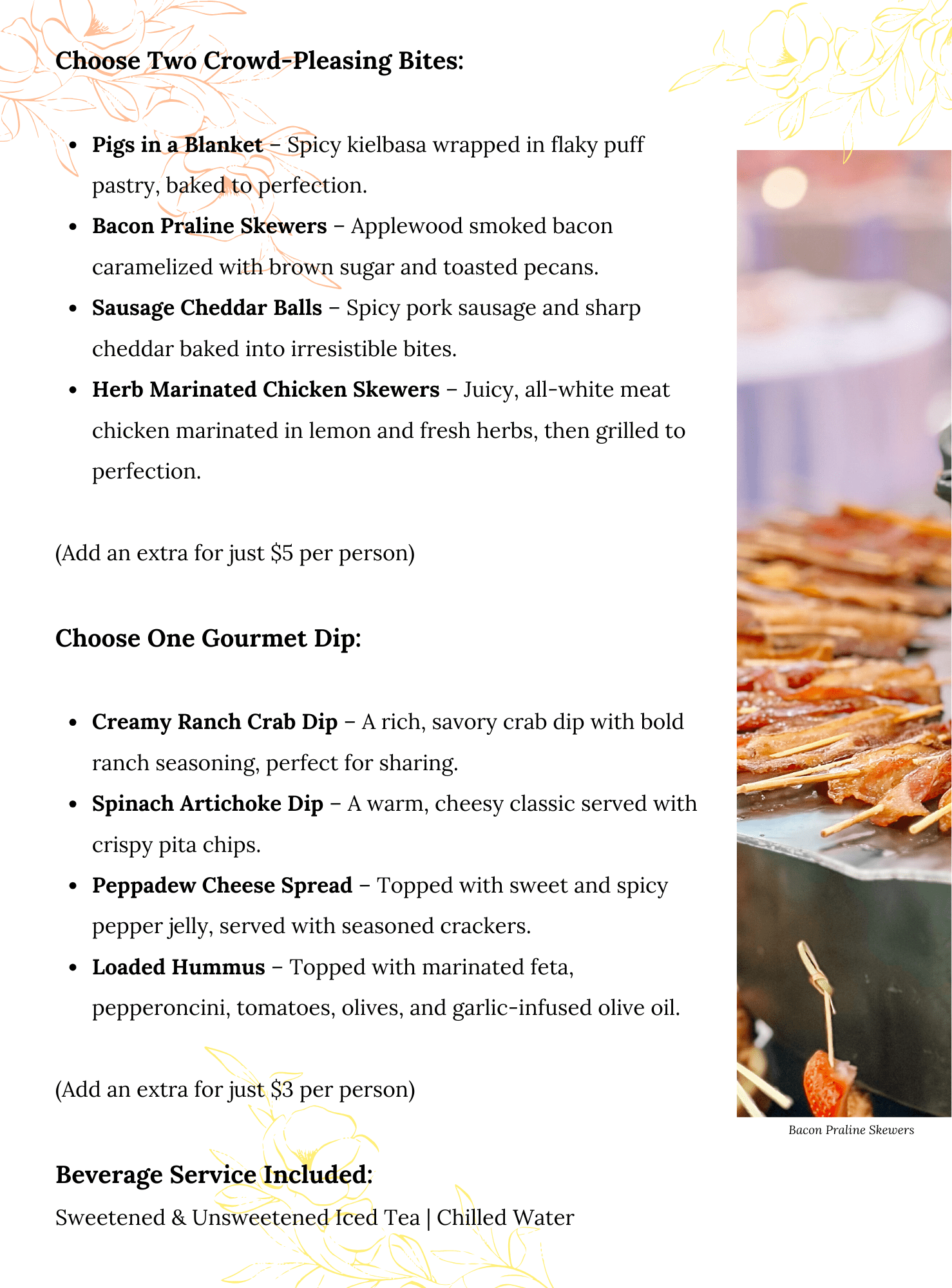 A catering menu lists appetizer options including pigs in a blanket, sausage cheddar balls, herb marinated chicken skewers, and gourmet dips—perfect additions to an artisan grazing table—set against a light leaf motif background.