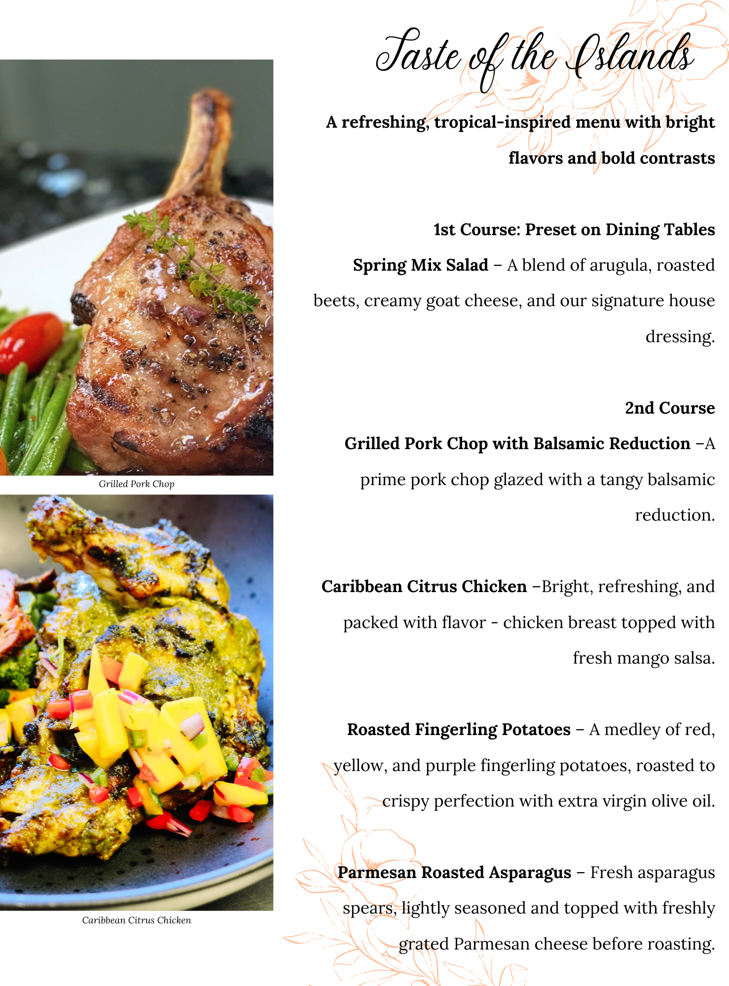 A tropical-inspired, family style catering menu featuring a grilled pork chop with balsamic reduction and Caribbean citrus chicken, plus sections for vibrant salads, roasted potatoes, and flavorful asparagus dishes.