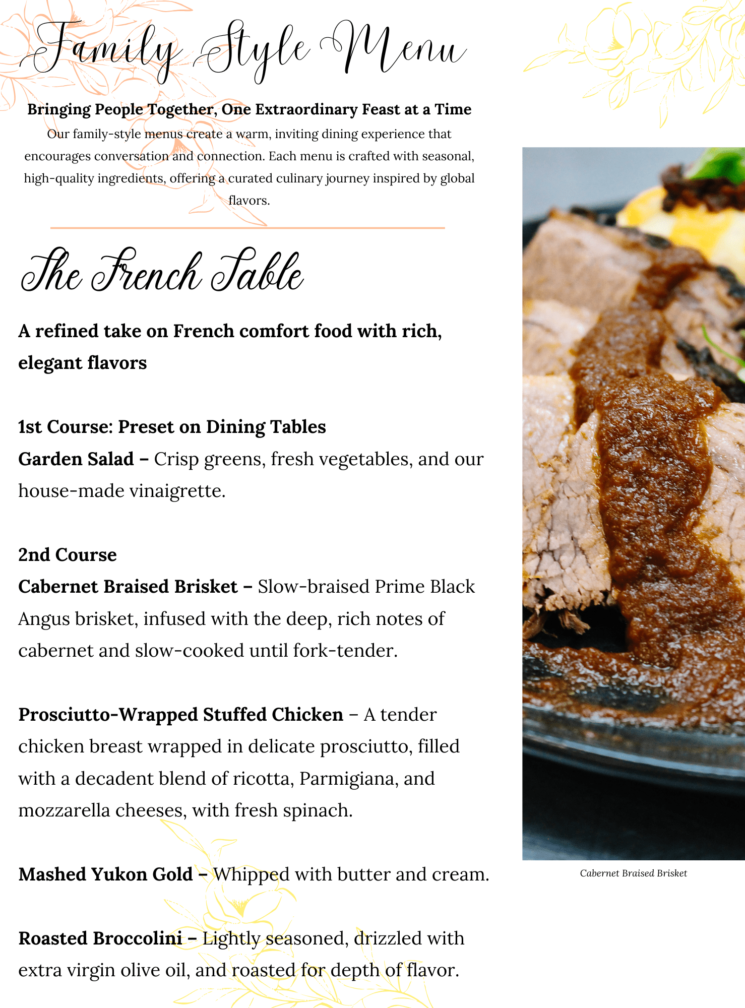 A family style catering menu titled The French Table, featuring dishes like garden salad, cabernet braised brisket, prosciutto-wrapped stuffed chicken, mashed Yukon gold potatoes, roasted broccolini, and a tempting brisket photo.