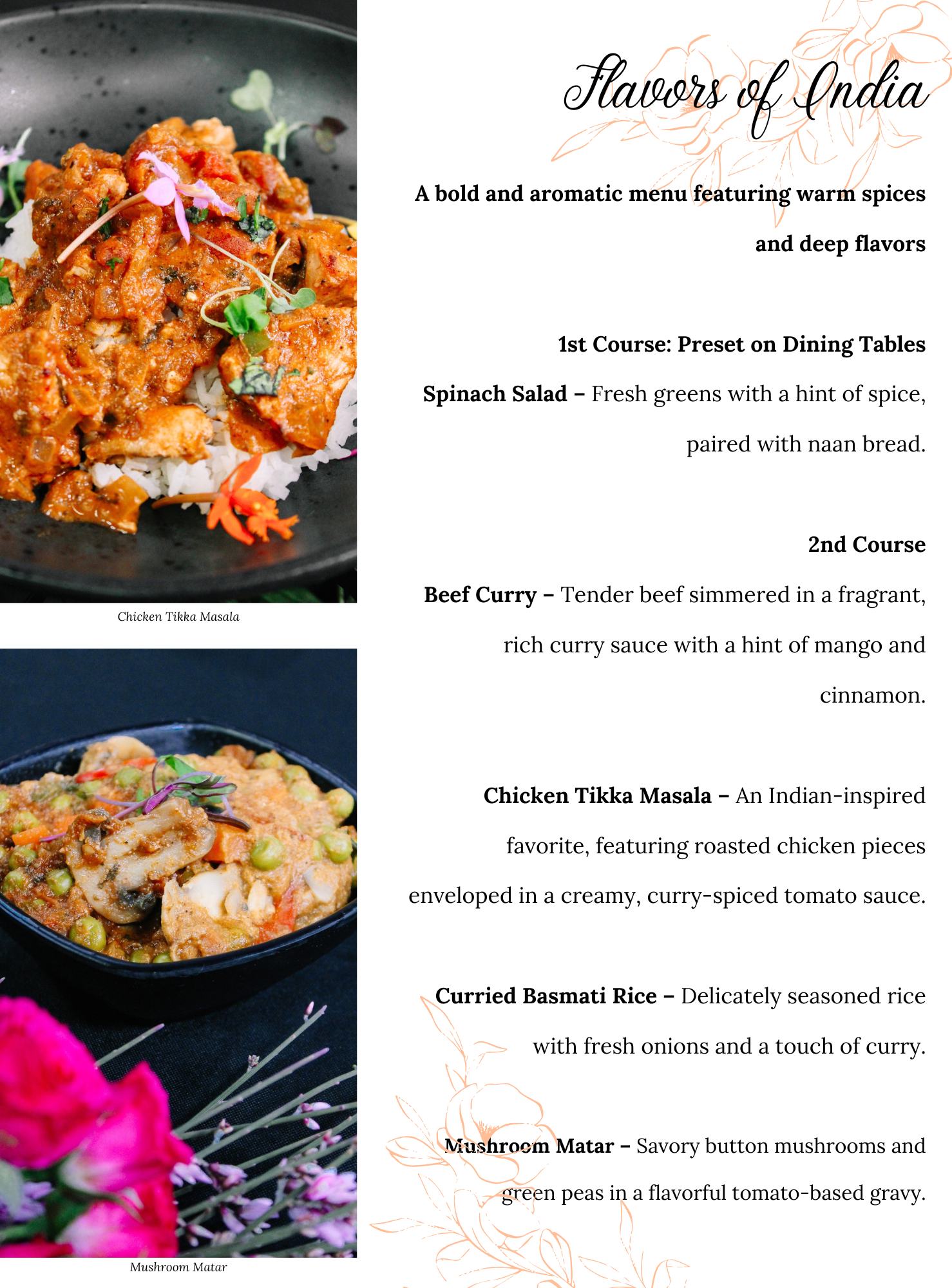 A menu titled Flavors of India features family style catering with dishes like spinach salad, beef curry, chicken tikka masala, curried basmati rice, and mushroom matar, plus images of chicken tikka masala and mushroom matar.