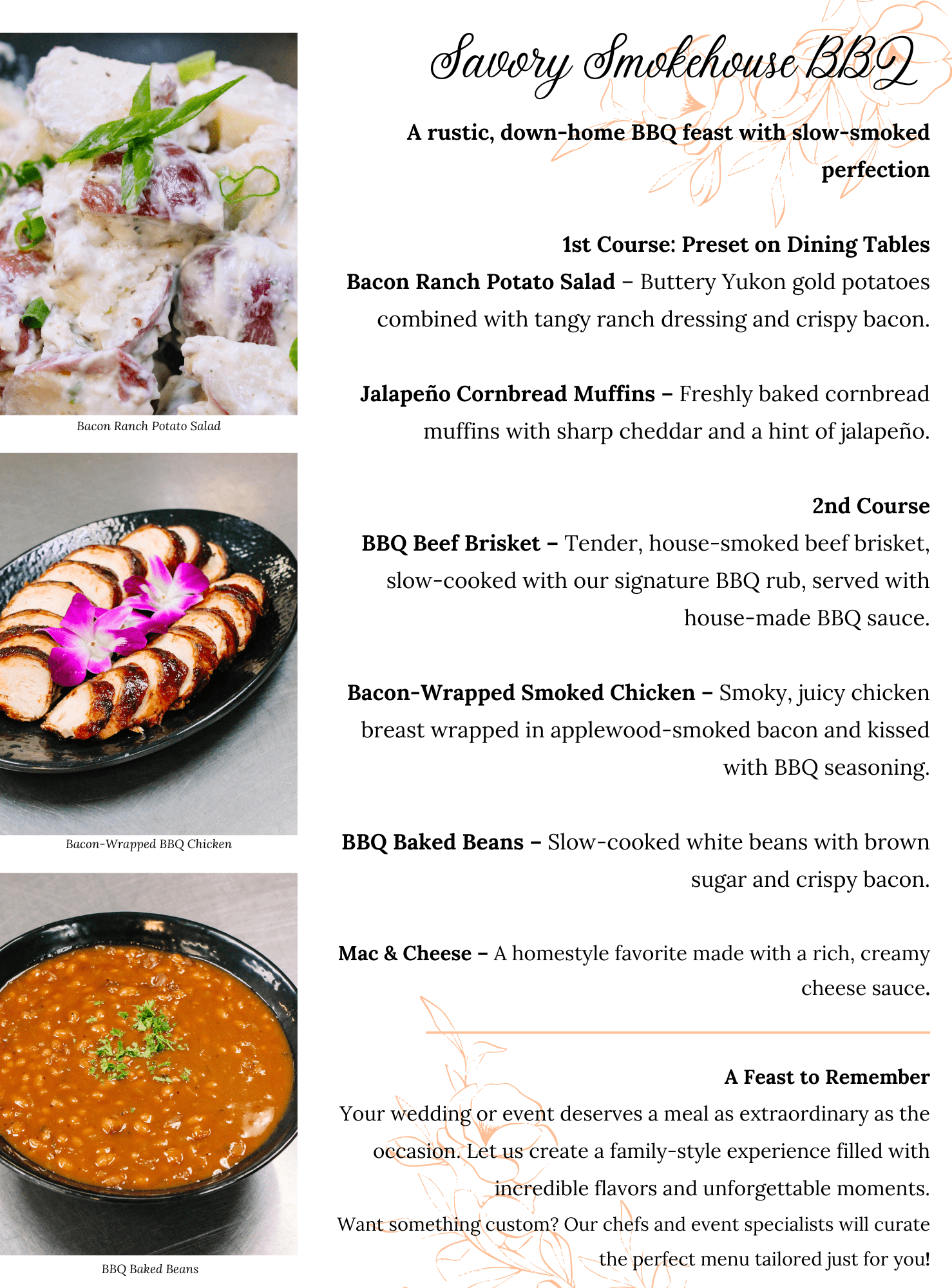 A rustic BBQ catering menu featuring four courses served family style, with images of bacon ranch potato salad, bacon-wrapped BBQ chicken, and BBQ baked beans—plus a section on customized services for weddings and events.