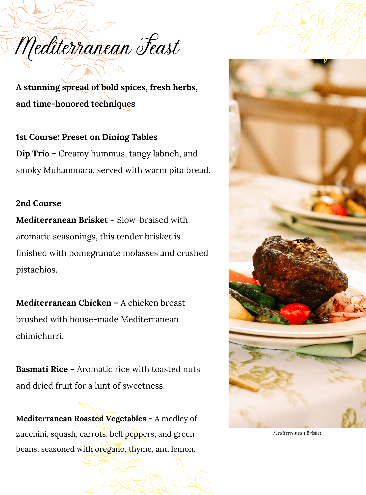 A Mediterranean feast menu perfect for family style catering sits beside a table filled with plates of brisket, chicken, rice, and roasted vegetables, plus a dip trio—inviting everyone to share and savor each delicious dish together.