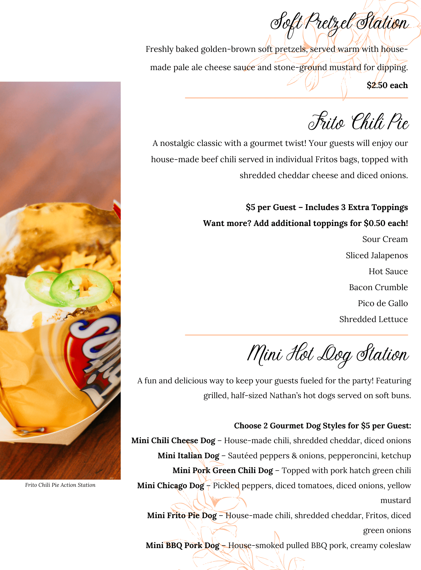 A menu page showcasing Late Night Snack Catering options with descriptions and prices for soft pretzel, Frito chili pie, and mini hot dog stations, featuring an image of Frito chili pie in a branded bag topped with cheese beside a brown napkin.