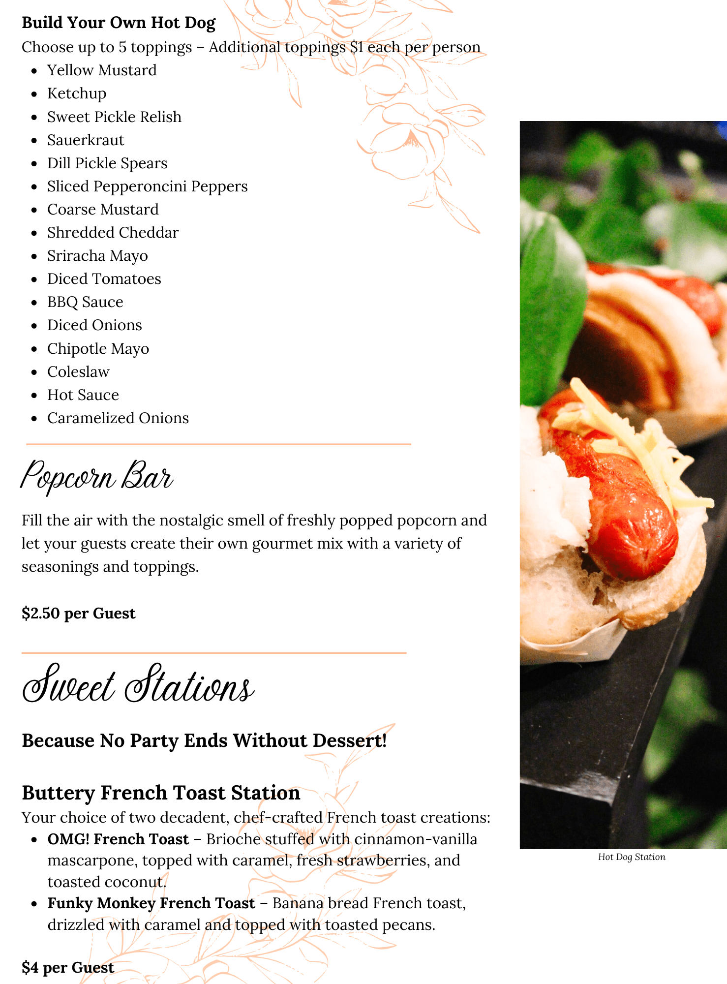 A menu featuring a Build Your Own Hot Dog station with various toppings, a popcorn bar, and sweet stations offering French toast creations—perfect for Late Night Snack Catering. An image of a hot dog with toppings appears on the right side.