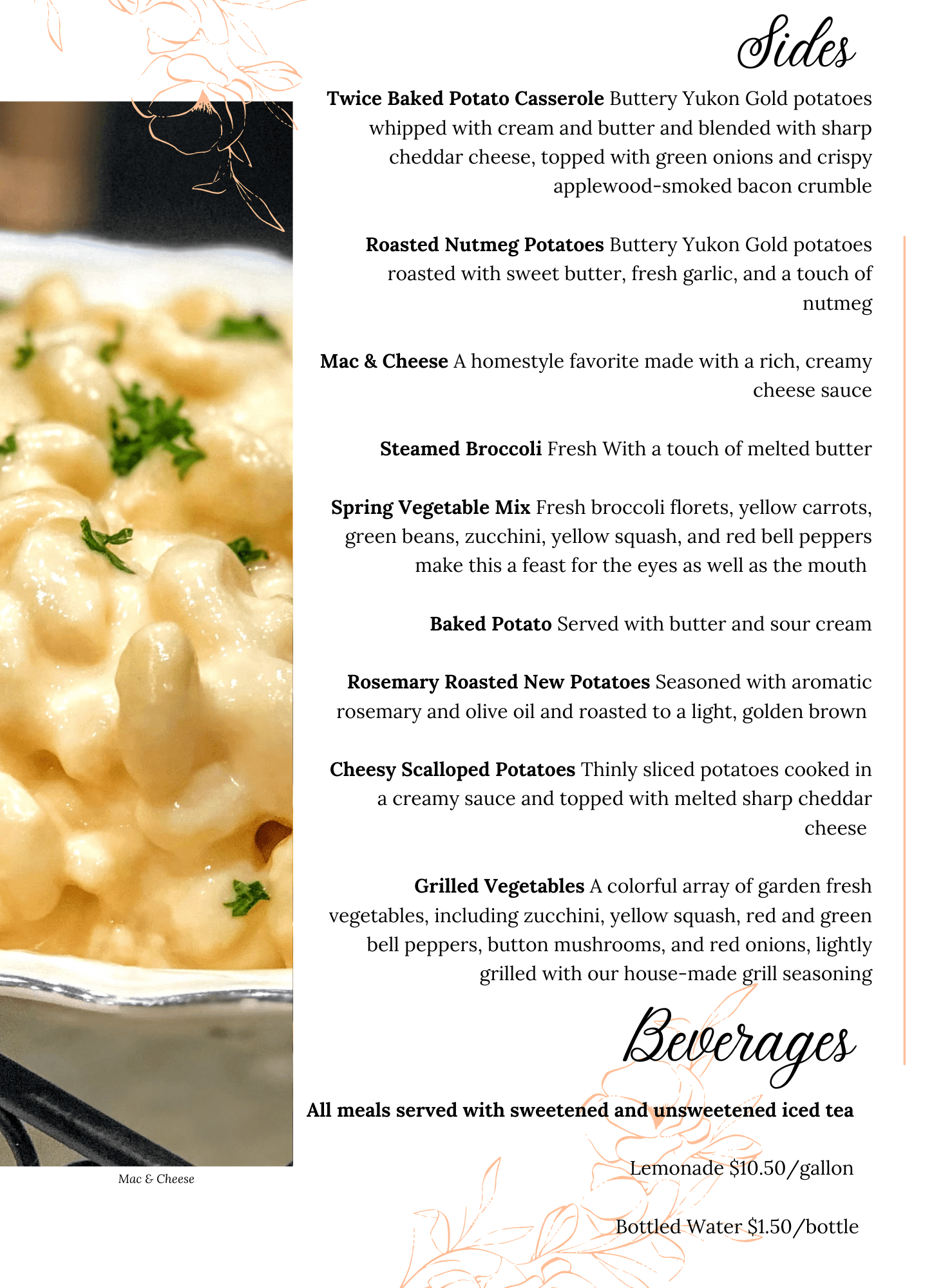 A menu section titled Sides lists various potato and vegetable dishes with descriptions, perfect for your social and corporate event catering menu. A close-up photo of mac and cheese appears on the left, with a Beverages section at the bottom.