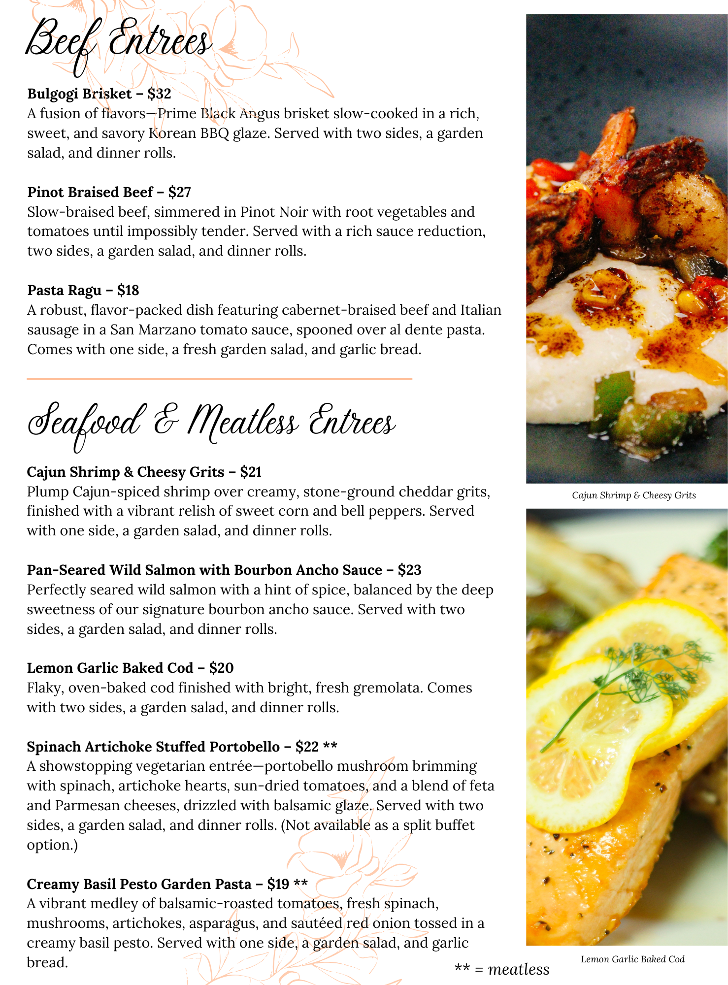 A restaurant menu page displaying beef, seafood, and meatless entrée descriptions—perfect inspiration for wedding dinner catering. Plates of Cajun shrimp and cheesy grits, and lemon garlic baked cod are shown on the right side of the menu.