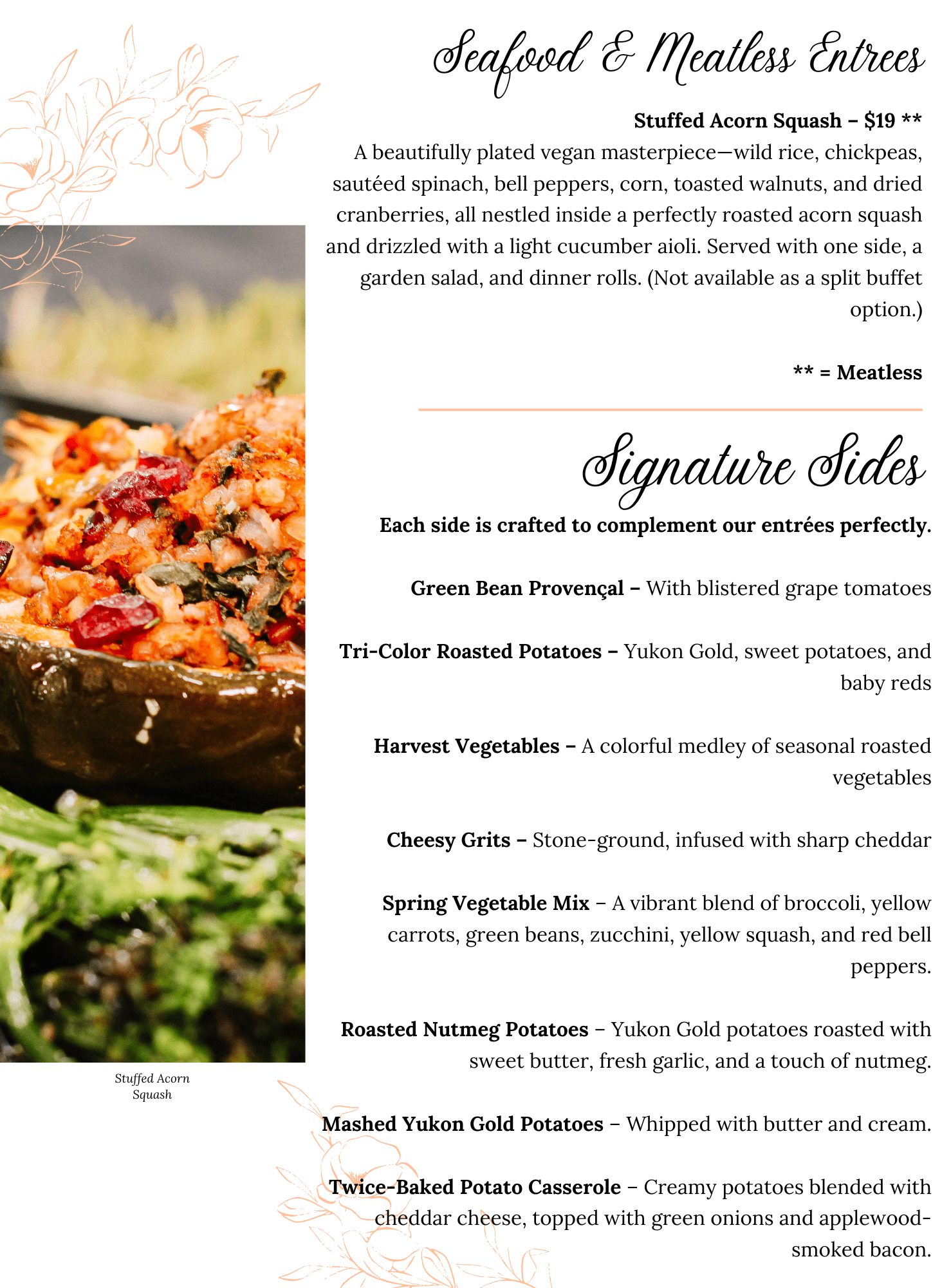 A close-up of stuffed acorn squash filled with colorful vegetables, grains, and herbs is shown next to a restaurant menu featuring wedding dinner catering options, including seafood and meatless entrées with signature sides on an elegant background.