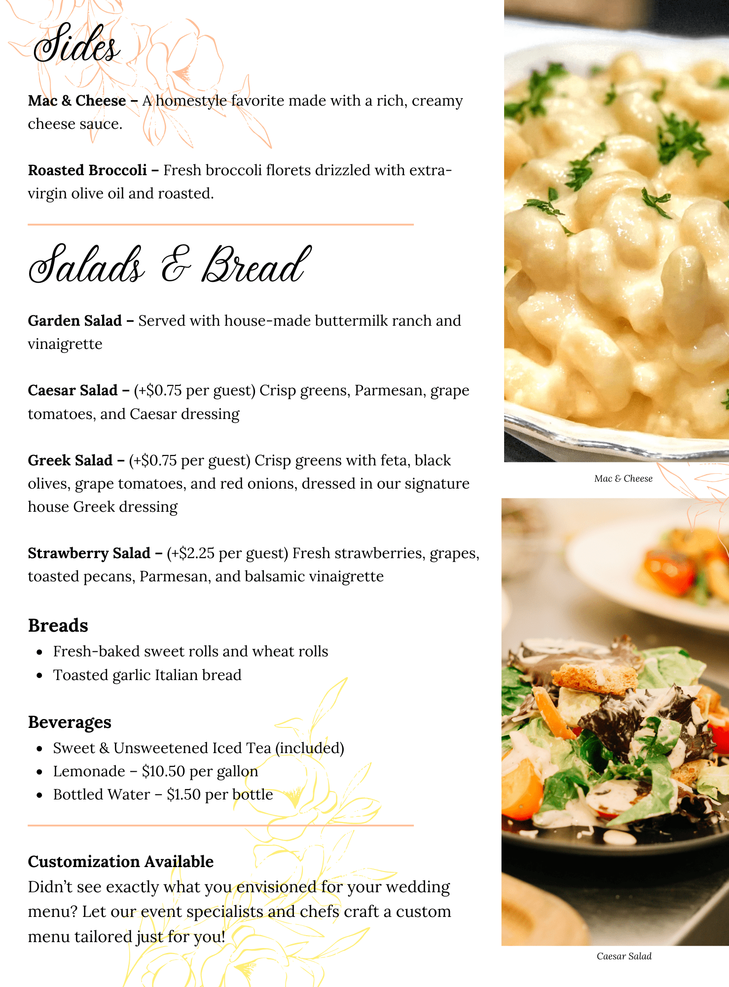 A wedding dinner catering menu with sections for Sides, Salads & Bread, and Beverages, featuring mac & cheese, roasted broccoli, Caesar salad, Greek salad, and drinks. Photos of mac & cheese and Caesar salad are also shown.