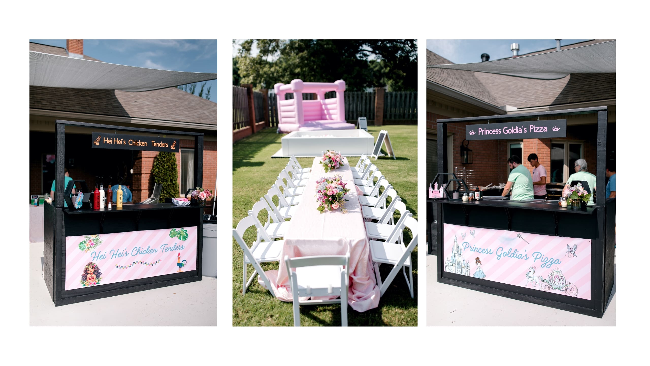 Three photos: Poolside Princess Party Food stands labeled “Heihei’s Chicken Tendies” and “Princess Golda’s Pizza” flank a long outdoor table with pink decorations and a giant pink inflatable castle in the background.