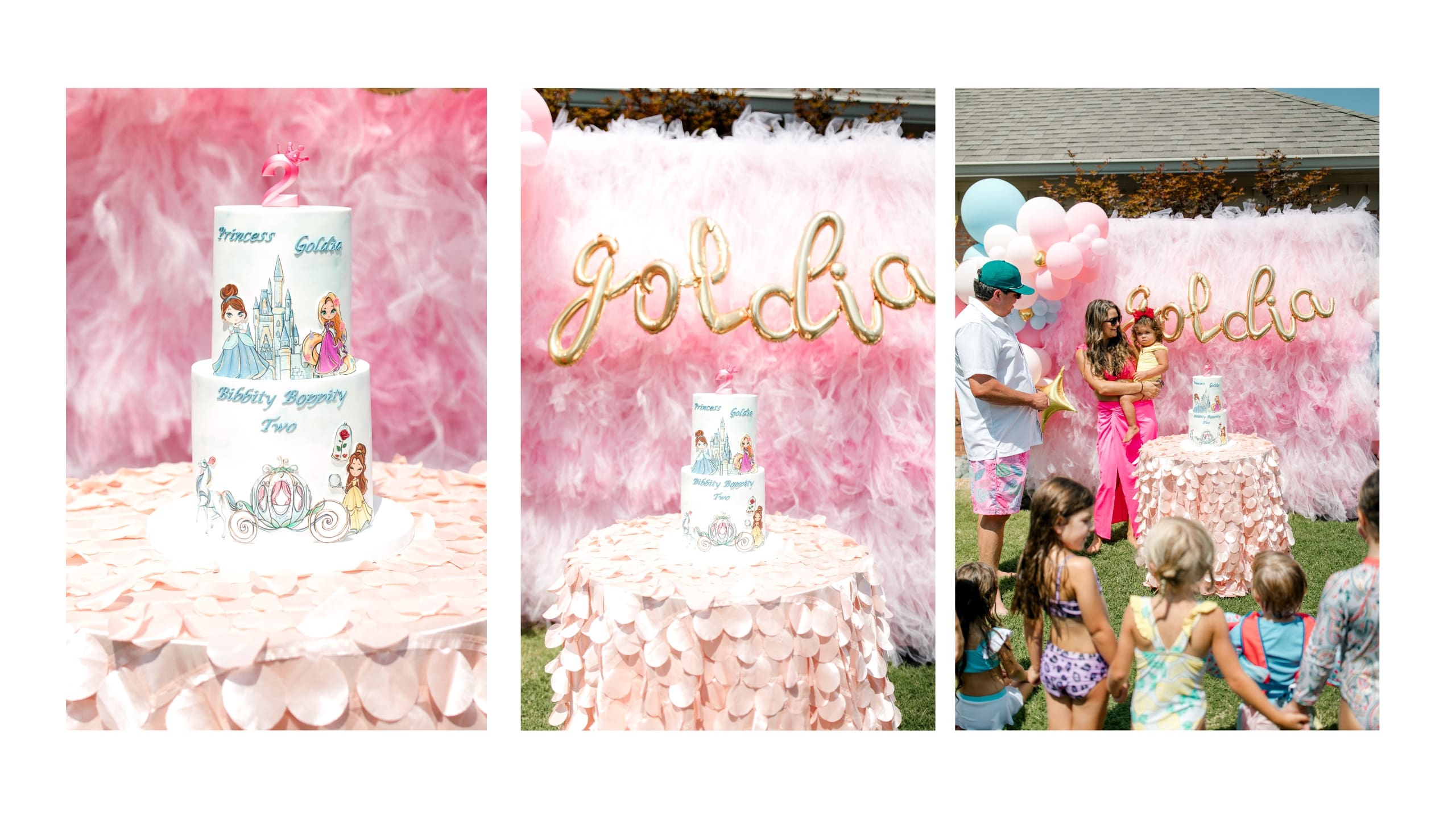 Three photos: a princess-themed birthday cake, a pink feathered backdrop with “golda” in balloon letters, and a Poolside Princess Party Food celebration outdoors with children and adults, featuring the cake and pink and white balloons.