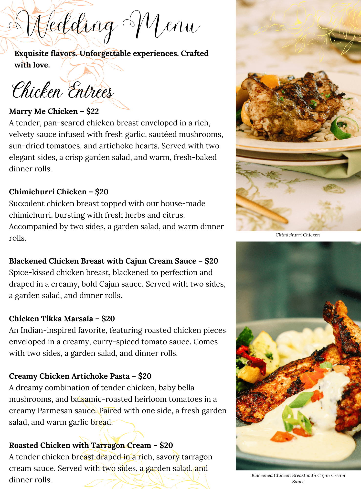 A wedding menu listing chicken entrées with dish descriptions, alongside images of Chimichurri Chicken and Blackened Chicken Breast with Cajun Cream Sauce. The menu features elegant fonts and a floral design.
