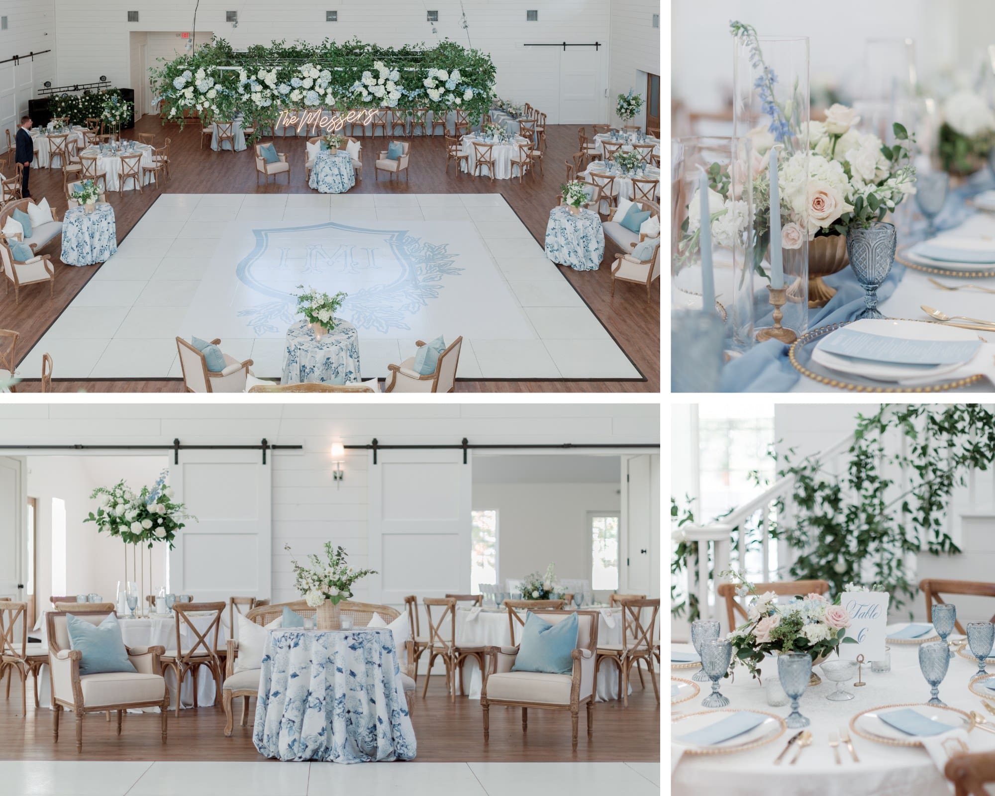 Elegant, airy wedding reception with blue and white floral accents, round and rectangular tables, soft blue linens, wooden chairs, lush centerpieces, and a white dance floor with a custom crest design in a bright, light-filled venue.