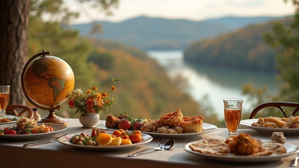A table set with assorted foods, pies, and drinks overlooks a scenic river valley and forested hills. A small globe and a vase of flowers decorate the table, creating a cozy, inviting atmosphere.