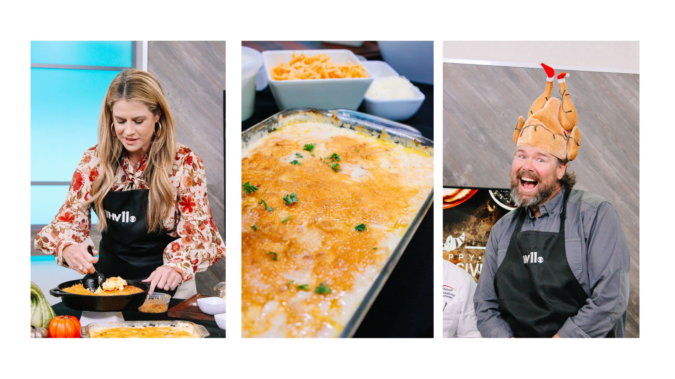 A collage: A woman in a floral shirt slices casserole; a close-up of cheesy casserole in a dish; a smiling man in an apron and a turkey hat stands on a set.