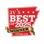 AY's Best of 2025 Winner - Catering A red badge in the shape of Arkansas with white text: ay’s BEST OF 2025. A gold ribbon below says WINNER. At the bottom is aymag.com in white. Three white stars are above the word BEST.