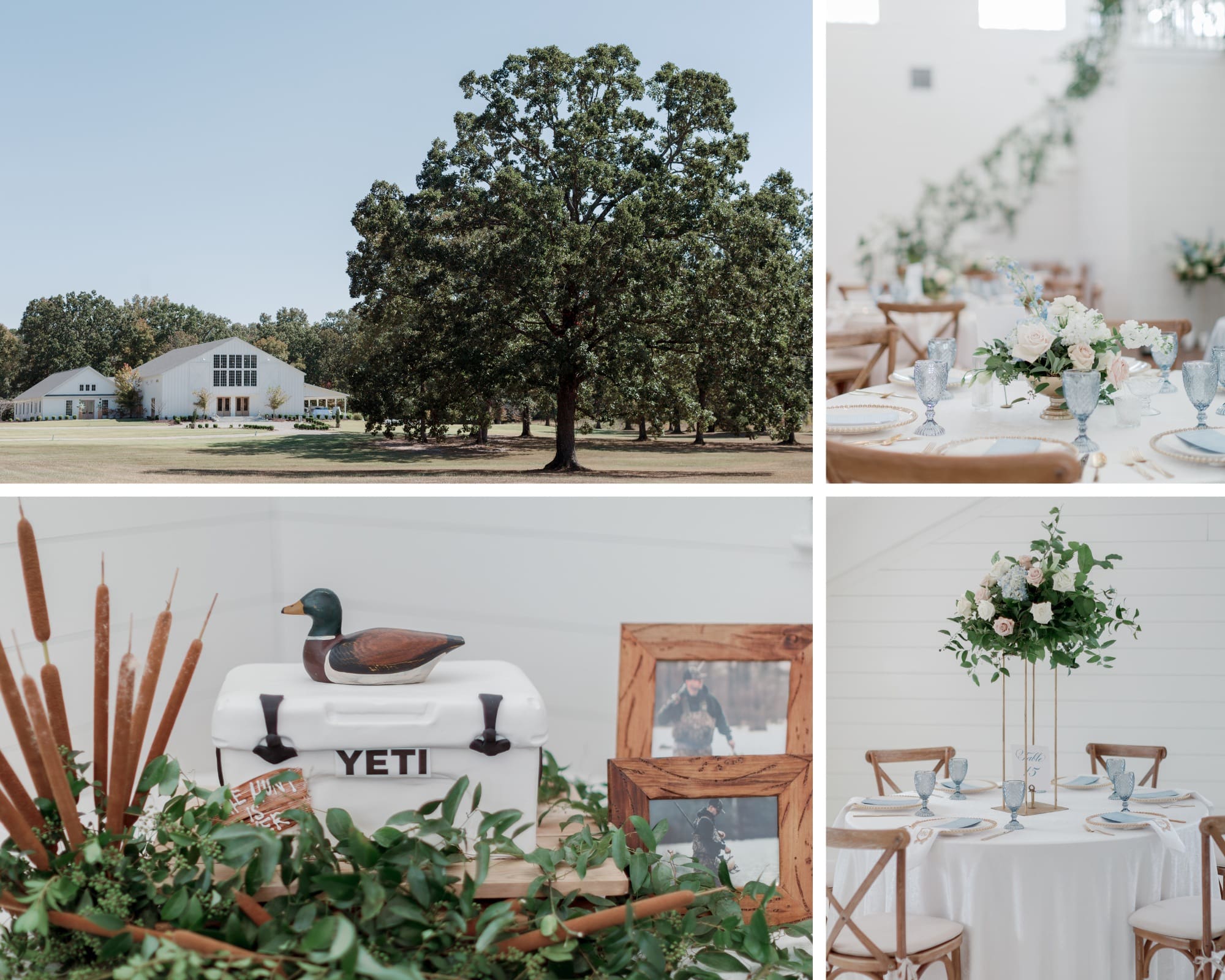 A collage showing a white barn in a field, elegant floral table settings with blue and white accents, a decorative YETI cooler with a duck decoy, and greenery arrangements at a rustic wedding venue.