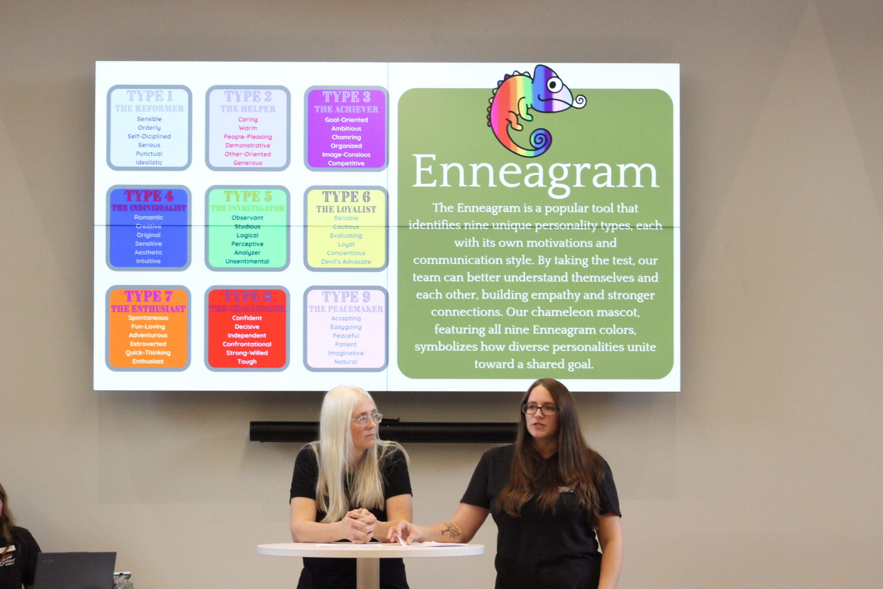Two women stand at a podium in front of a screen displaying information about the Enneagram, including colorful boxes for nine personality types and a chameleon mascot. The woman on the right is speaking.