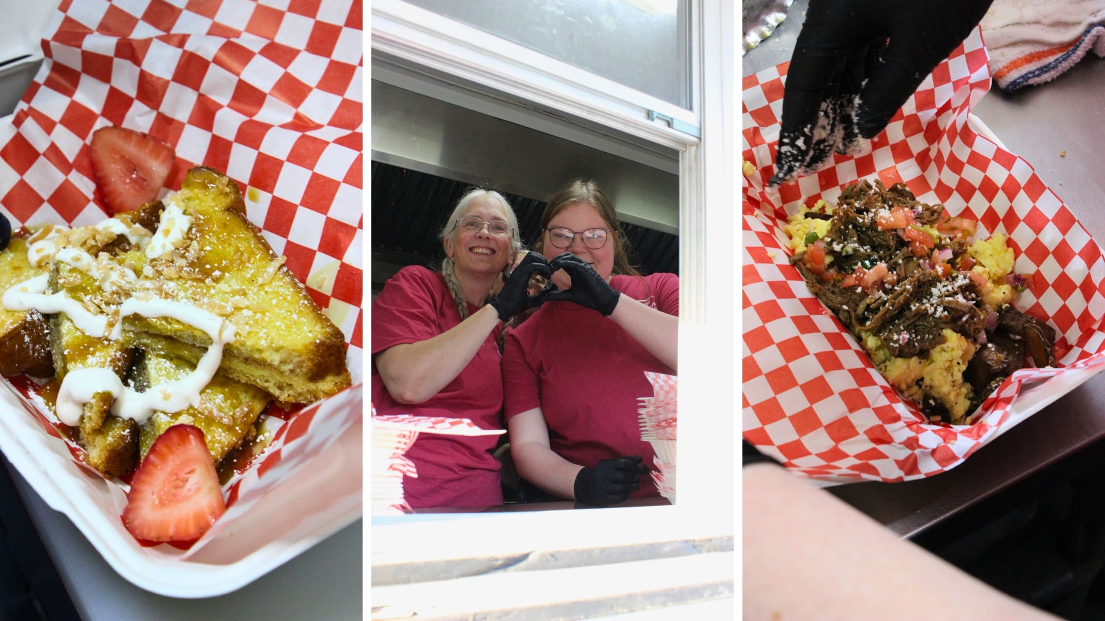 A collage with French toast and strawberries, two smiling women serving food through a window, and a gloved hand topping a taco with shredded cheese, all on red checkered paper.