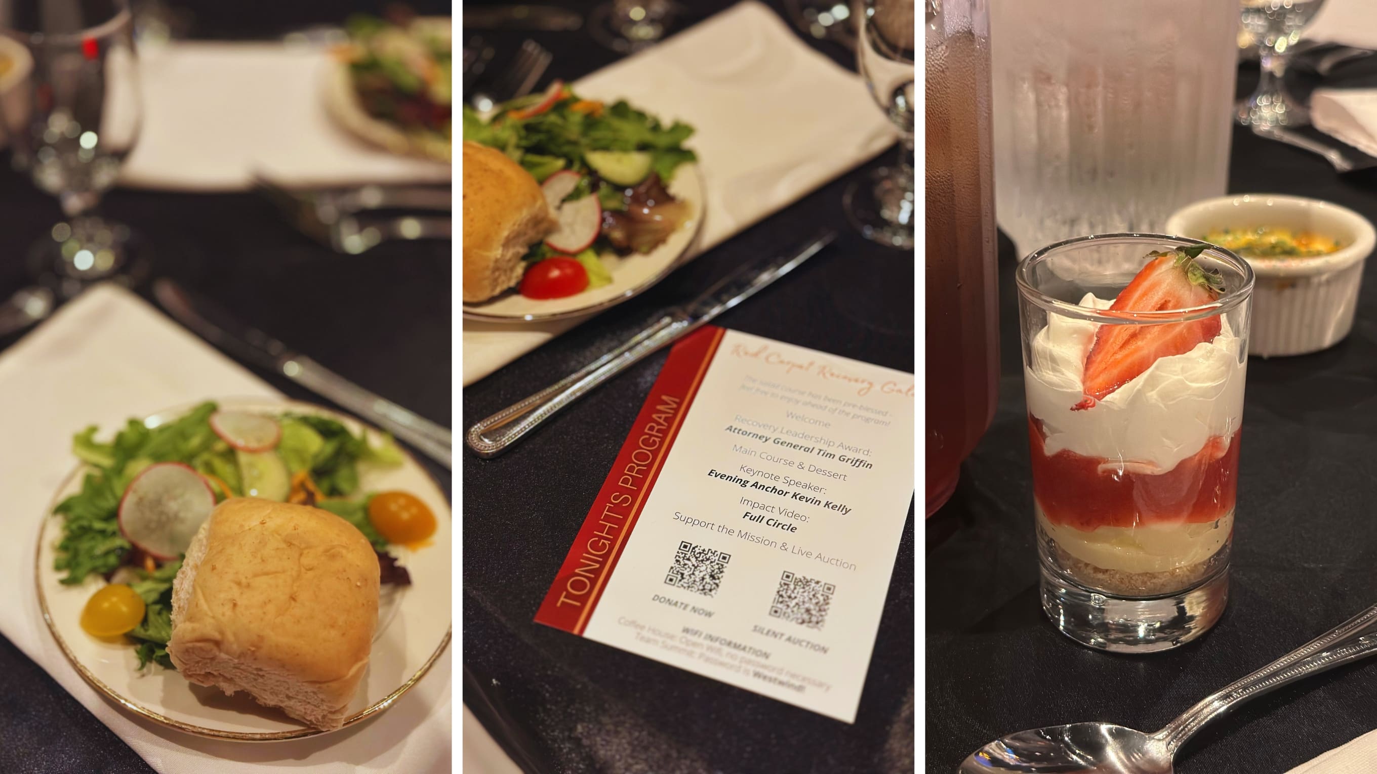 A collage shows a plated dinner salad with a roll, a close-up of a program card on a table set for a formal event, and a dessert parfait topped with strawberries next to a drink pitcher.