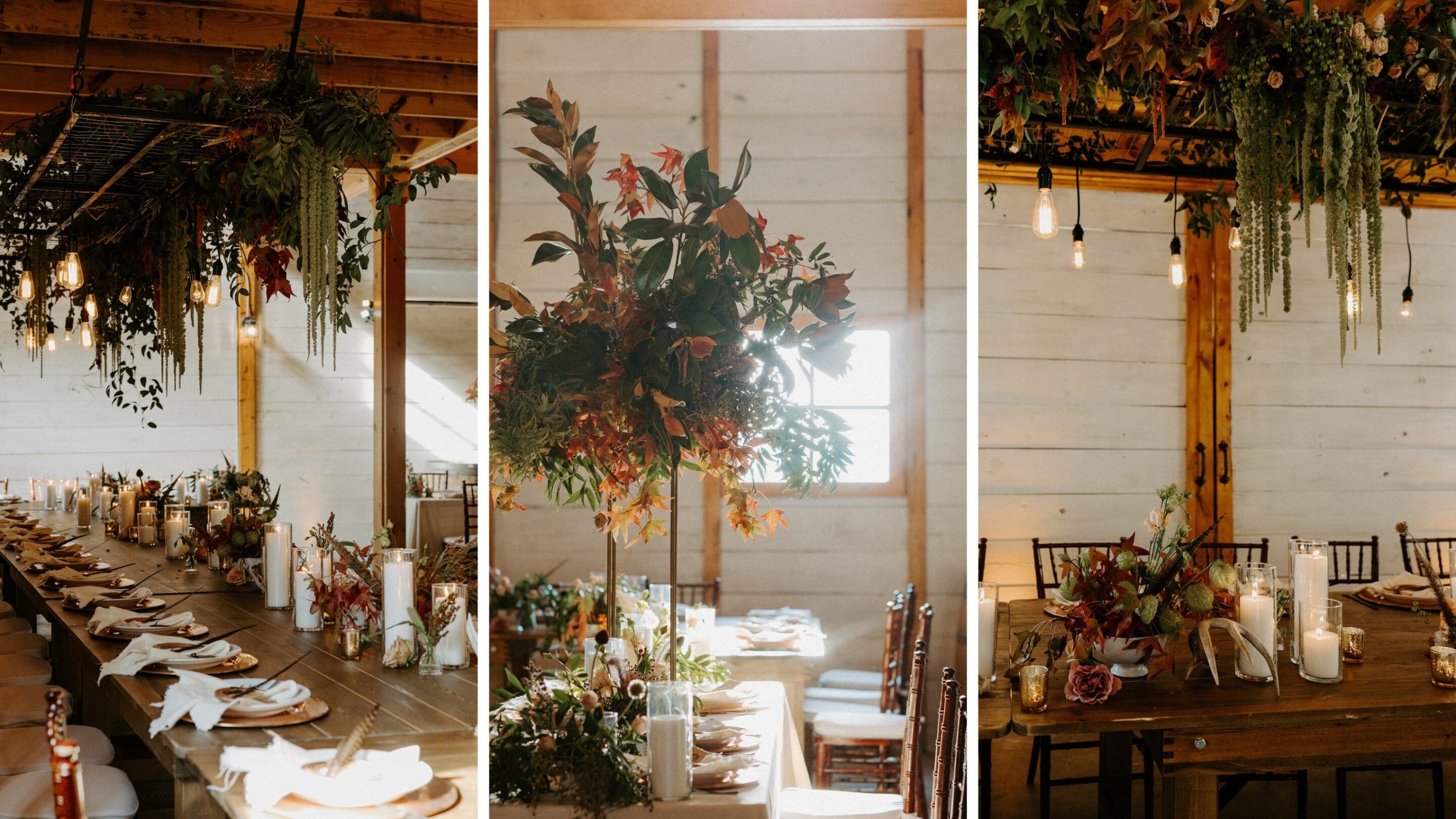 Three images show a rustic wedding reception with long wooden tables, hanging greenery, floral centerpieces, candles, and natural light streaming through windows in a barn setting.
