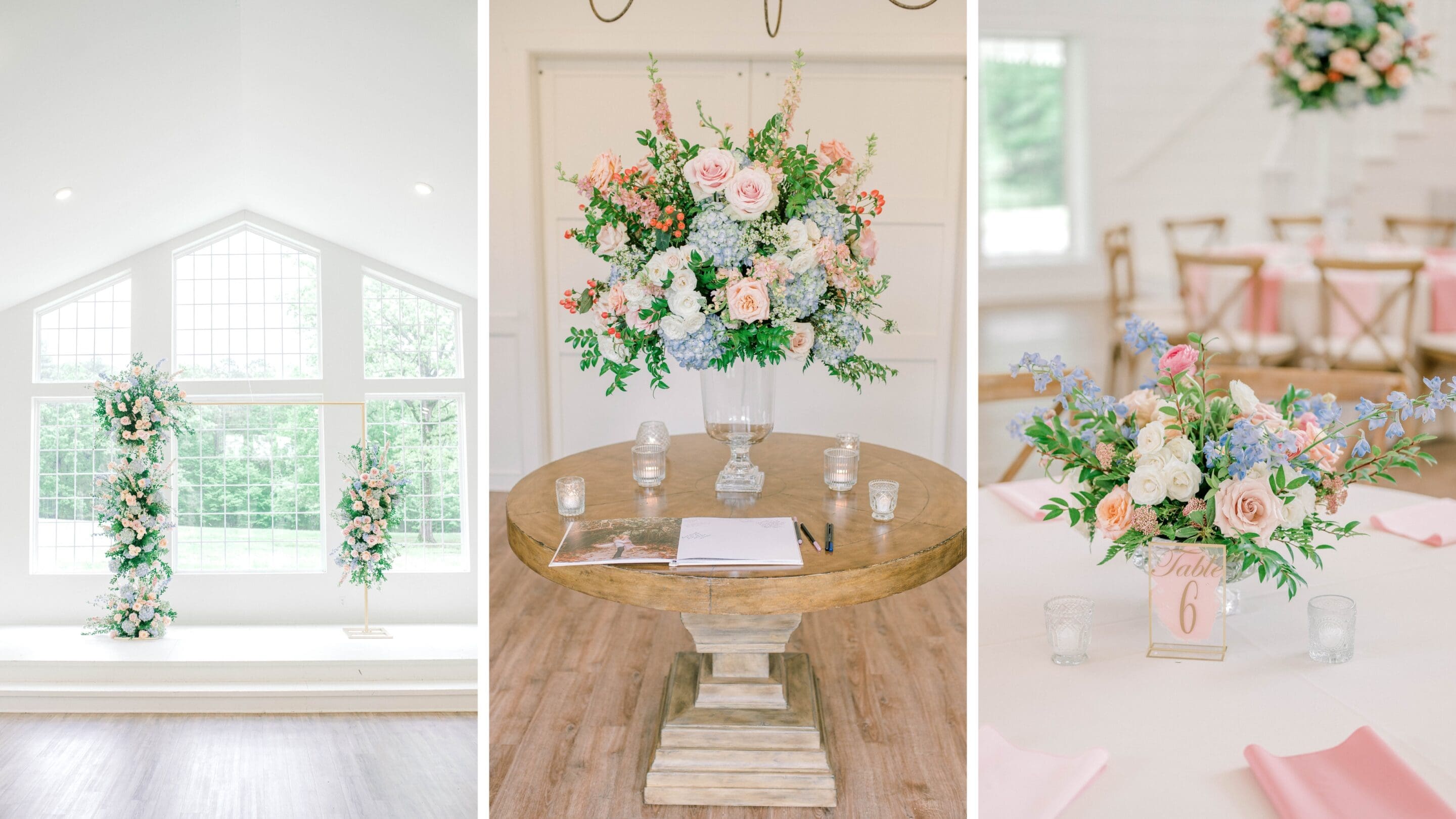A collage of three images: floral wedding arches by tall windows, a round wooden table with a large pastel flower arrangement and guest book, and a reception table with flowers and a table number.
