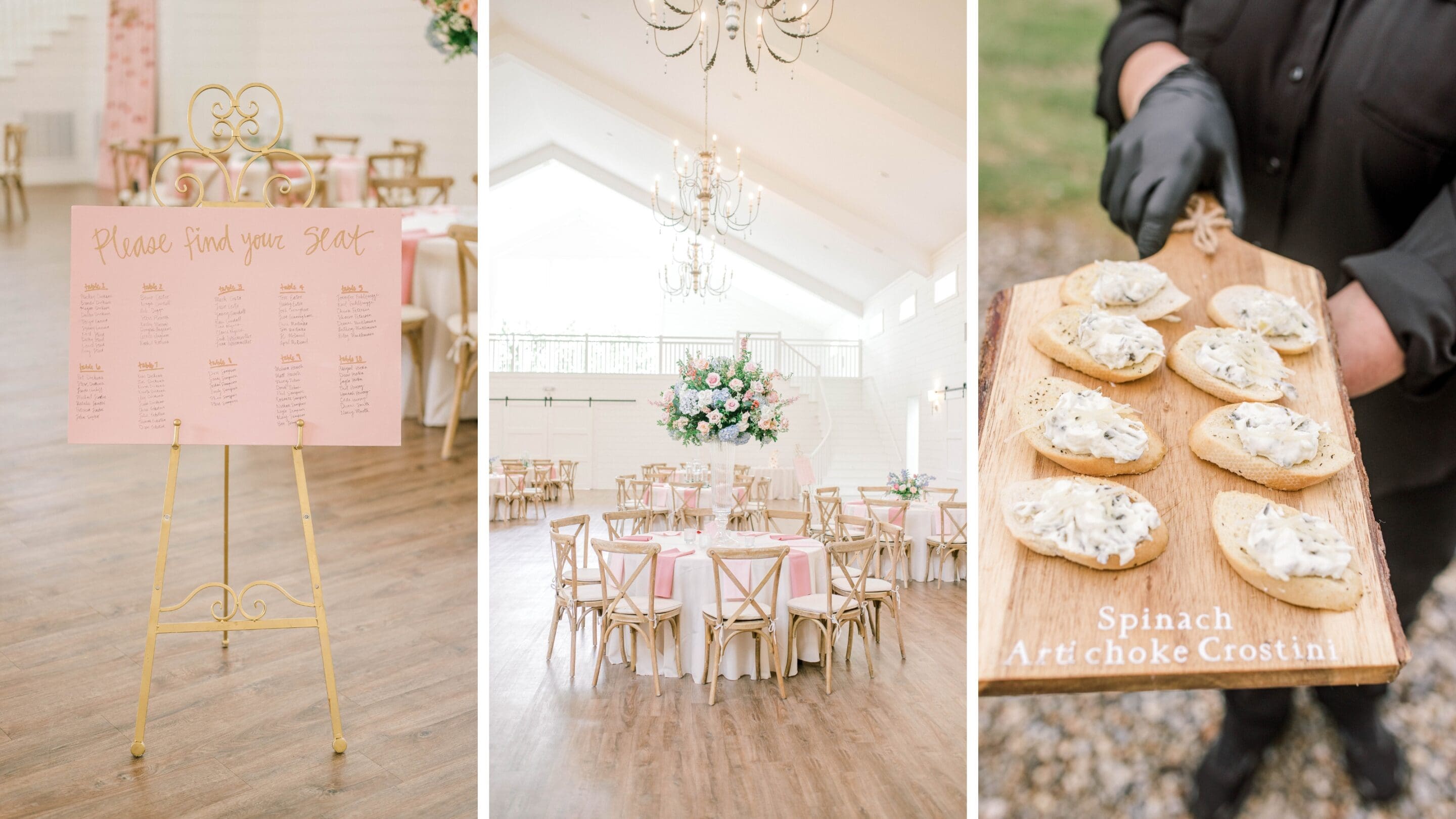 A wedding seating chart on a pink board, an elegant reception hall with round tables, and a server holding a tray of spinach artichoke crostini appetizers.