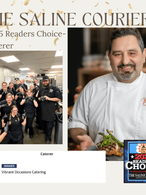 Arkansas Catering Award Winner' A group of catering staff pose and smile in a kitchen, while a chef holds a plated dish and smiles. The image features The Saline Courier 2023 Readers Choice and announces Vibrant Occasions Catering as winner.