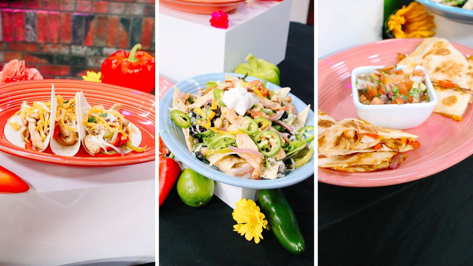 A collage of three plates featuring Mexican food: chicken tacos with lettuce and cheese, a salad with grilled vegetables and jalapeños, and quesadillas with a side of salsa. Colorful peppers and flowers decorate the table.