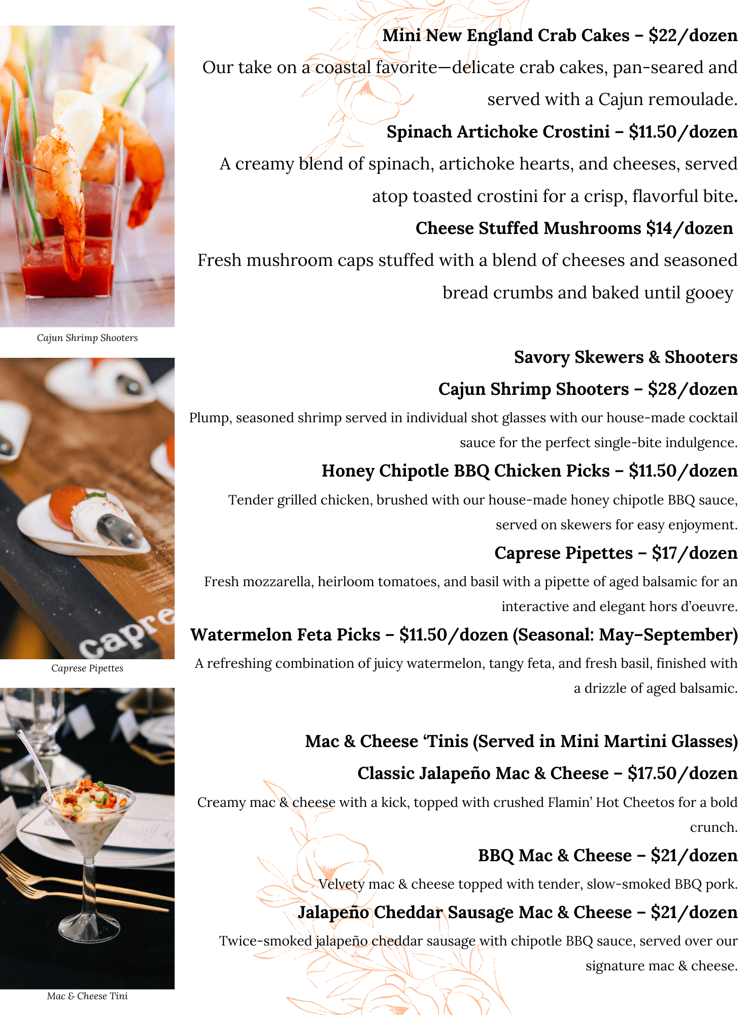 A restaurant menu with food photos featuring crab cakes, skewers, and macaroni and cheese, listing various appetizers and prices on a white background with orange accents.