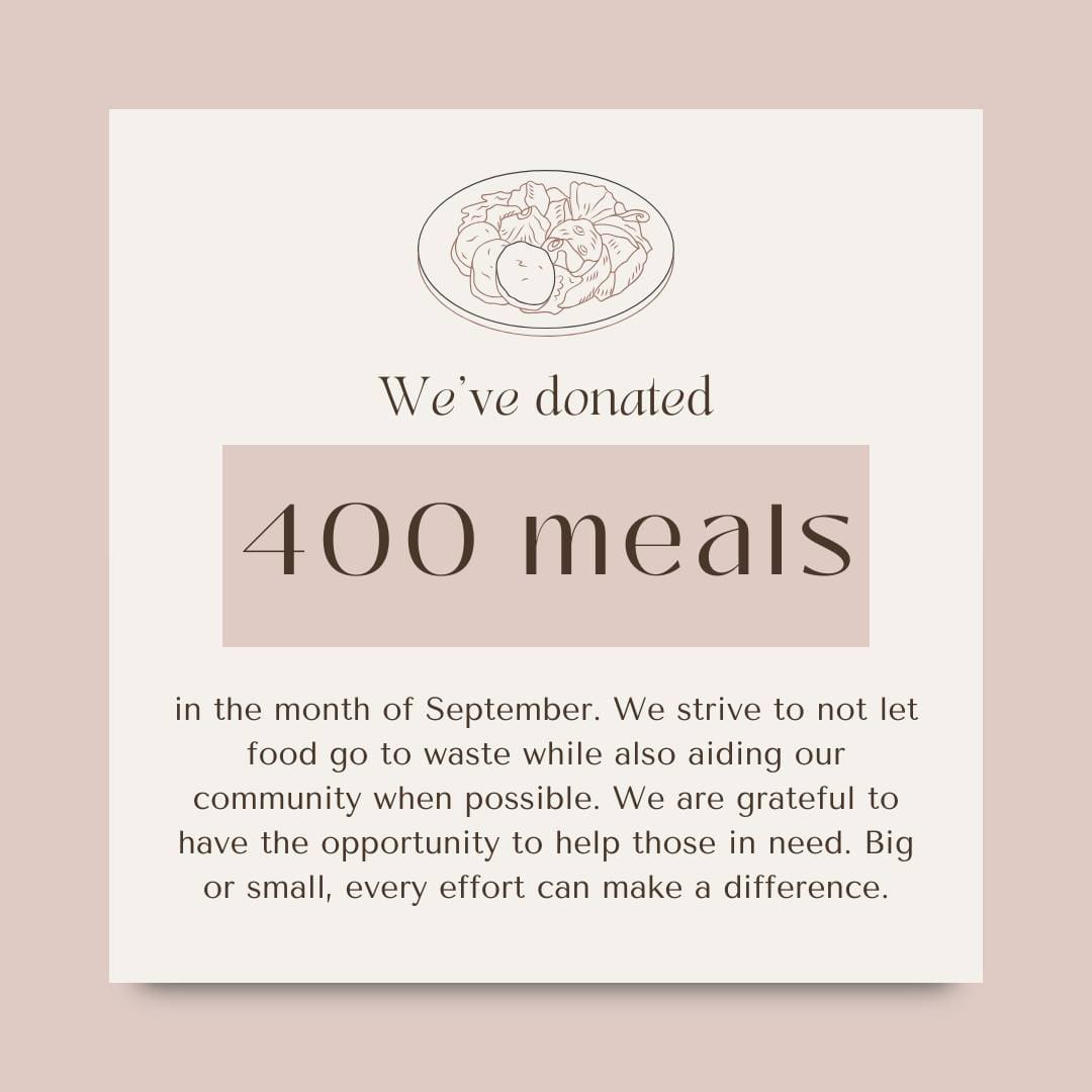 A graphic announces the donation of 400 meals in September, with a food illustration above and text about preventing food waste and helping the community, emphasizing that every effort counts.