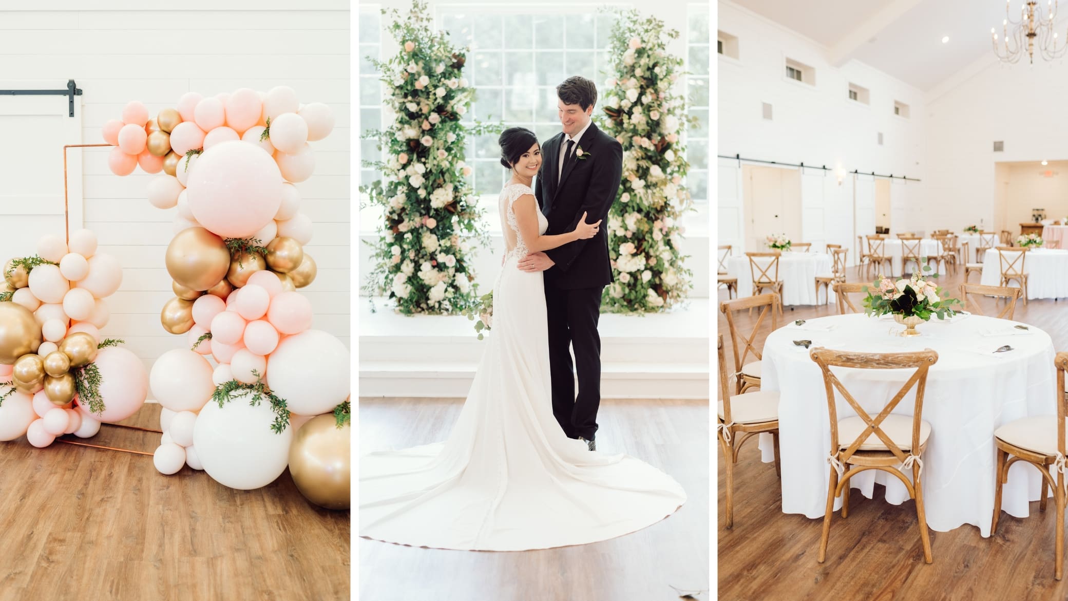 A collage of three wedding photos: balloon and floral decorations, a bride and groom standing together in front of flower arches, and a round table set for guests in a bright, elegant venue.