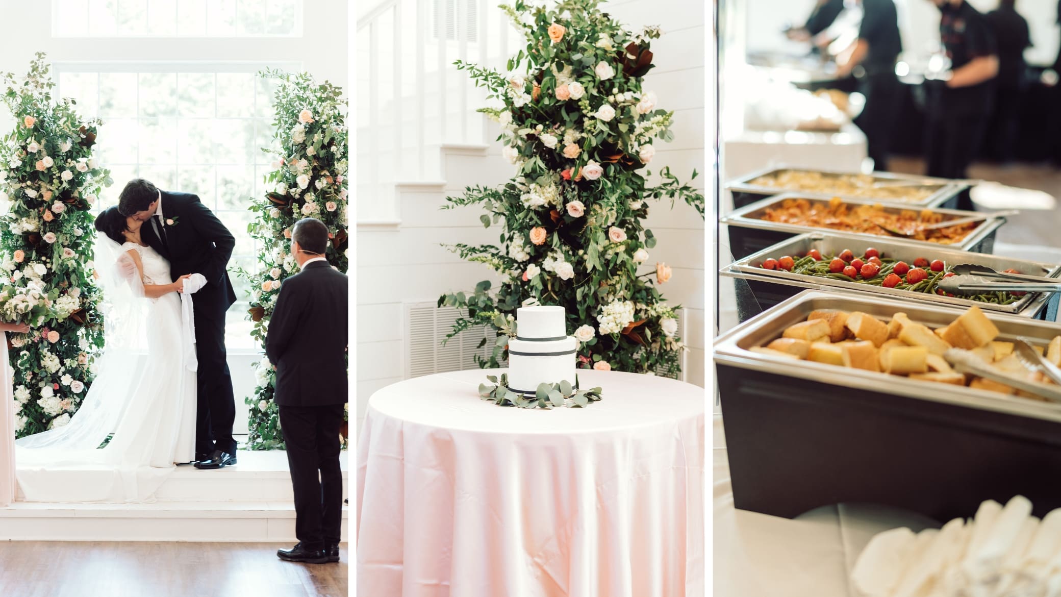 A wedding scene split into three panels: a couple kissing at the altar, a white cake on a round table with floral decor, and buffet trays filled with food at a reception.