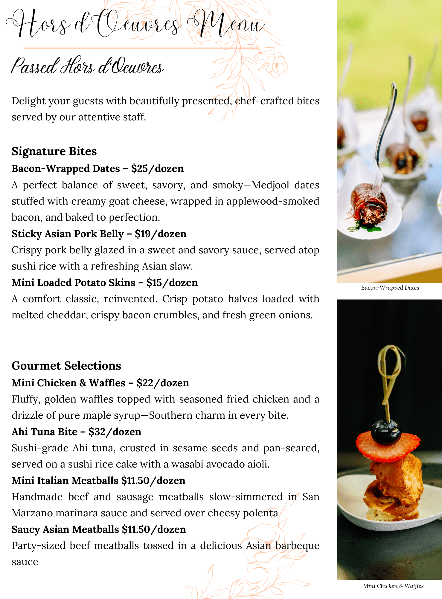 A menu titled Hors dOeuvres Menu lists assorted small bites like bacon-wrapped dates, pork belly, potato skins, chicken with waffles, tuna bites, Italian meatballs, and chicken skewers, with photos of select dishes.
