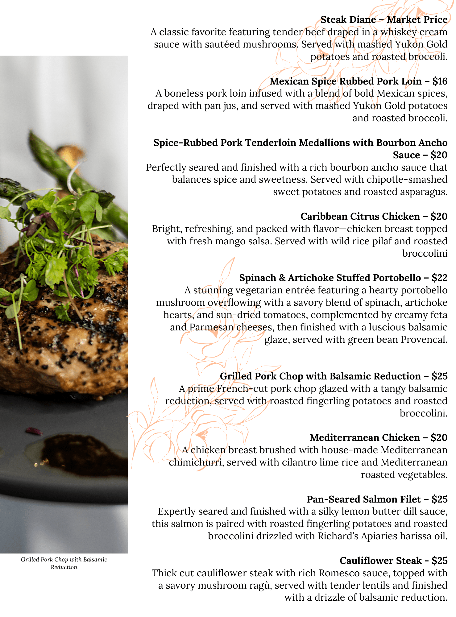 A restaurant menu page features steak, pork, chicken, and vegetarian entrée descriptions, prices in red, and occasional words highlighted in orange. A garnish-topped steak photo decorates the lower left corner with a “Grilled Pork Chop with Balsamic Reduction” label.