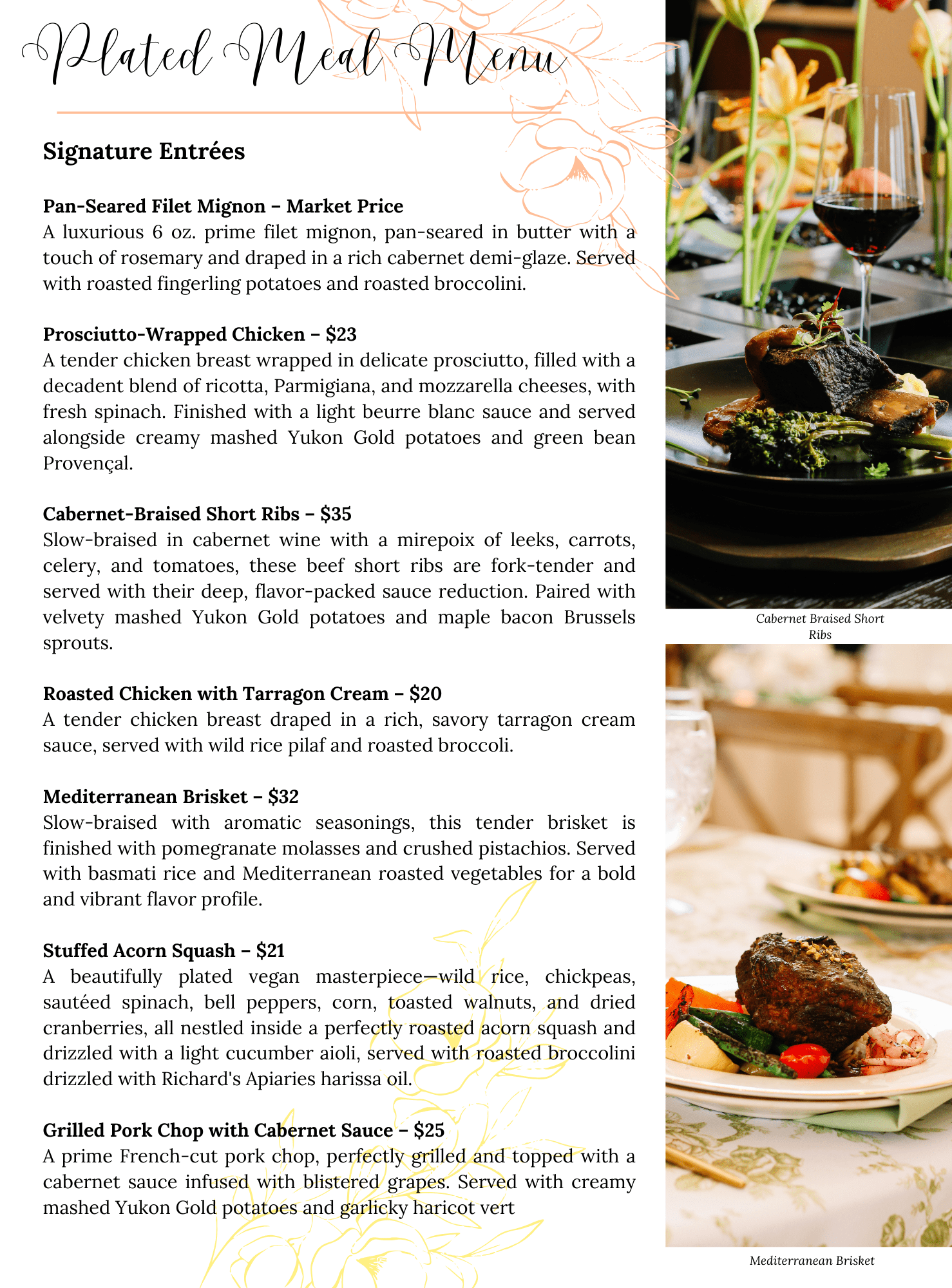A plated meal menu featuring four signature entrées with descriptions and prices, alongside images of Cabernet-Braised Short Ribs and Mediterranean Brisket, on an elegant floral-themed background.