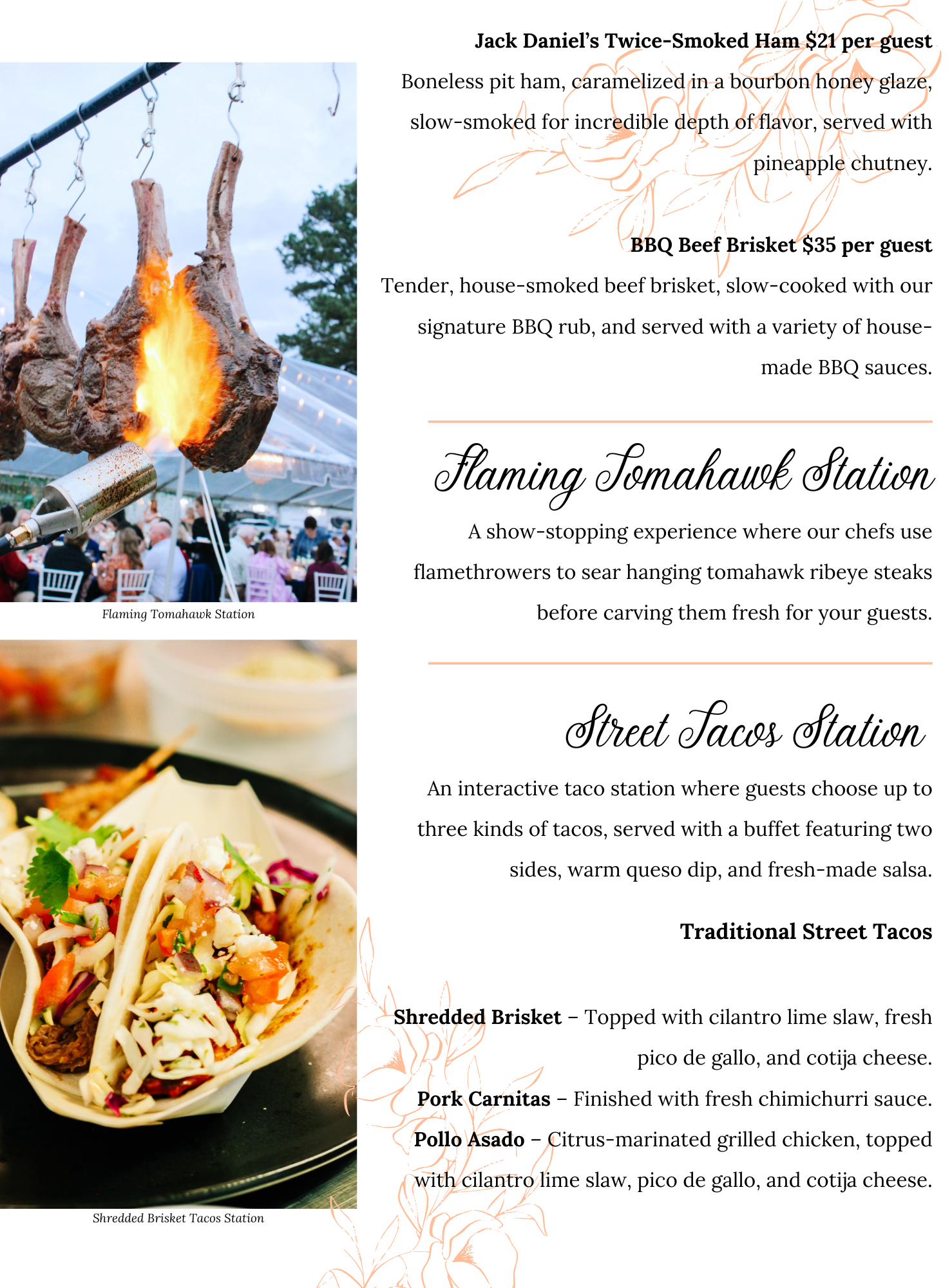 An elegant catering menu features images of chefs flamethrowing a large tomahawk ribeye and a tray of shredded brisket. The menu offers smoked ham, brisket, tomahawk, and street taco stations with various meat options.