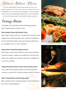 A catering menu featuring elegant fonts with options for slow carved prime rib, beef tenderloin, and rosemary-brined turkey breast, alongside small images of the prime rib carving and BBQ brisket. The background includes soft orange flourishes.