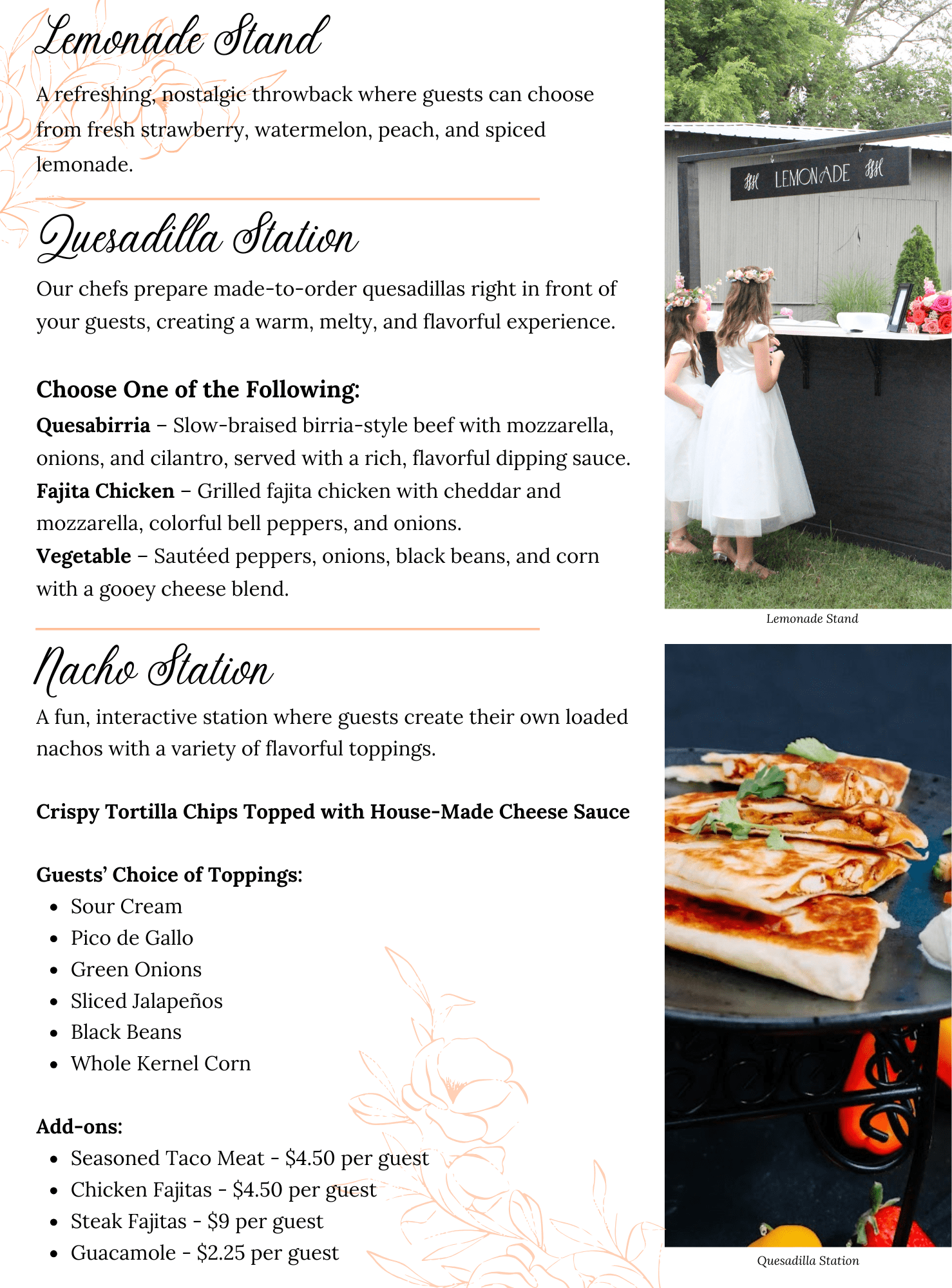 A catering menu page with details for Lemonade Stand, Quesadilla Station, and Nacho Station. Includes descriptions, food options, pricing, and two small images of a lemonade stand and quesadilla setup.