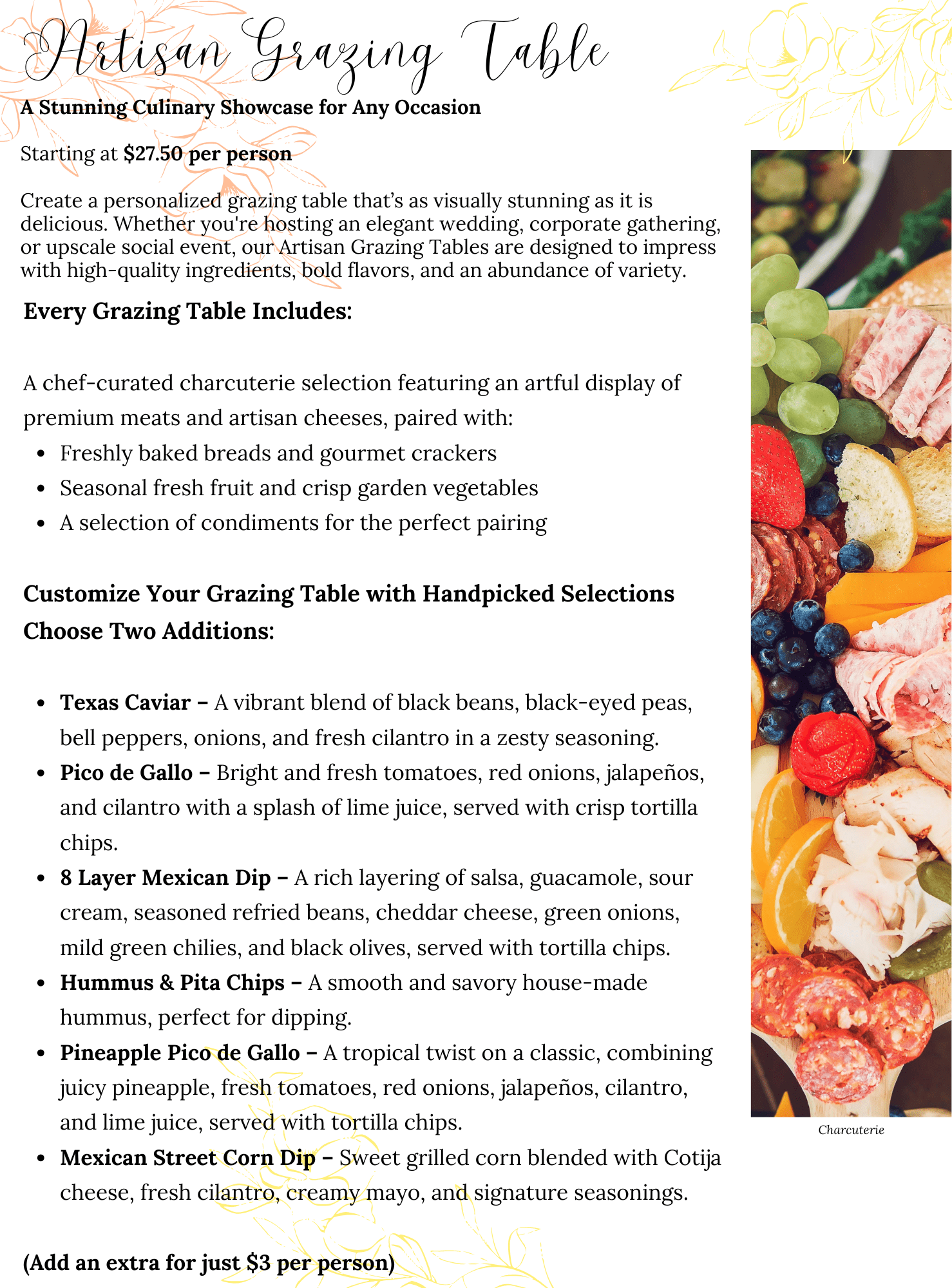 An elegant catering menu displays grazing table options, pricing, and descriptions of foods like fresh bread, gourmet crackers, cheeses, seasonal produce, meats, dips, and condiments, with food images and decorative floral accents.