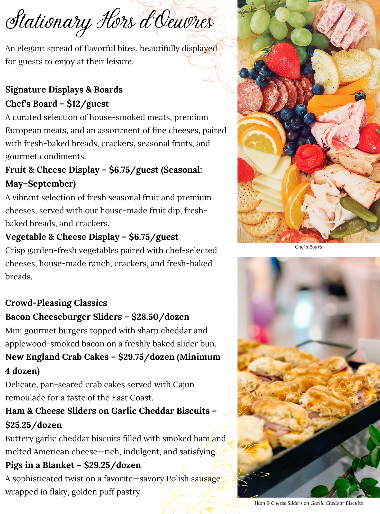 A catering menu featuring descriptions and prices for hors d’oeuvres, with images of a chef’s board with cheese, fruit, and nuts in the top right, and mini cheeseburger sliders on a wooden board in the bottom right.