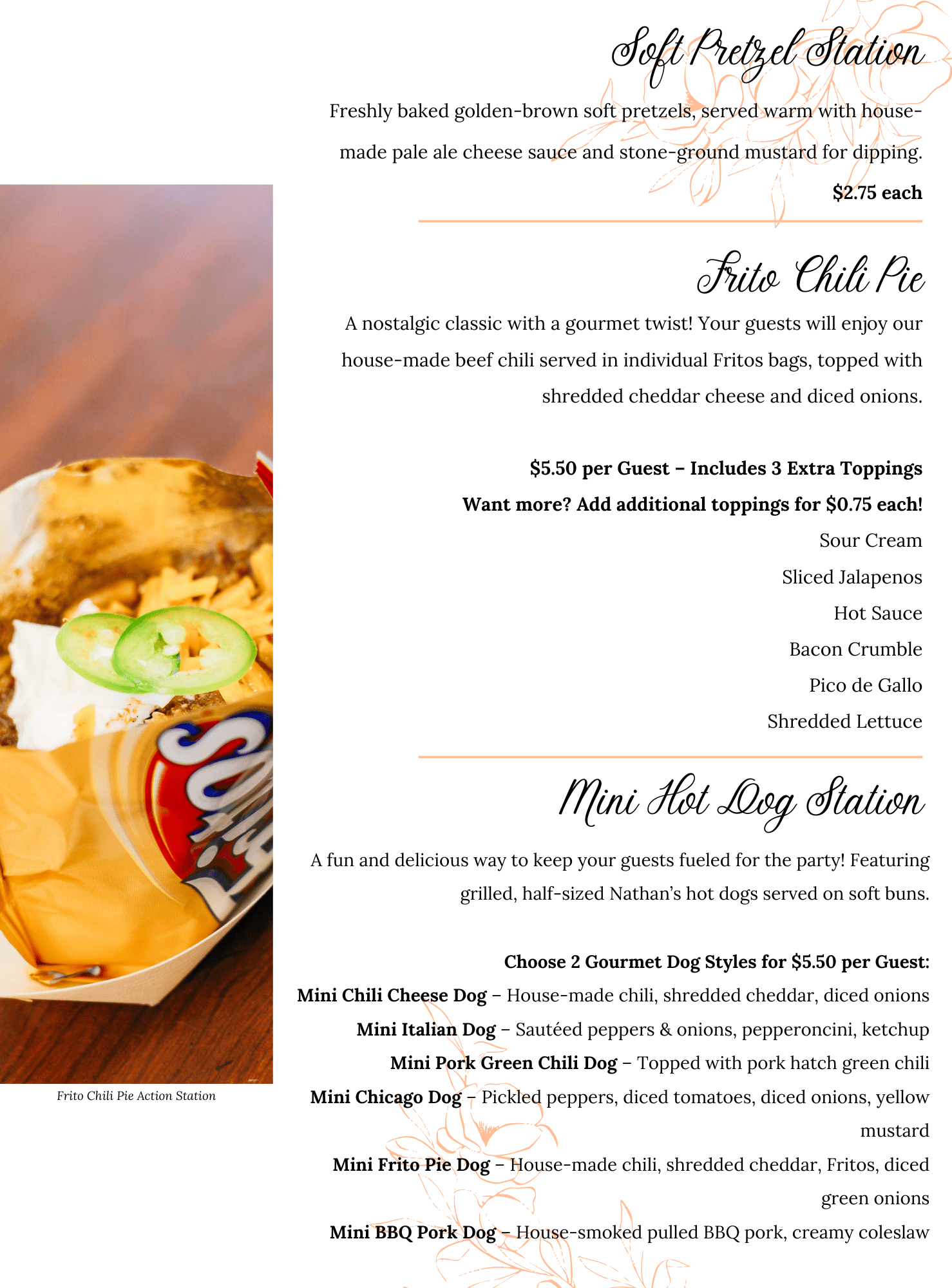 A catering menu featuring stations for soft pretzels, Frito chili pie, and mini hot dogs. Each section lists food descriptions, pricing, and topping options on a white background with orange accents.