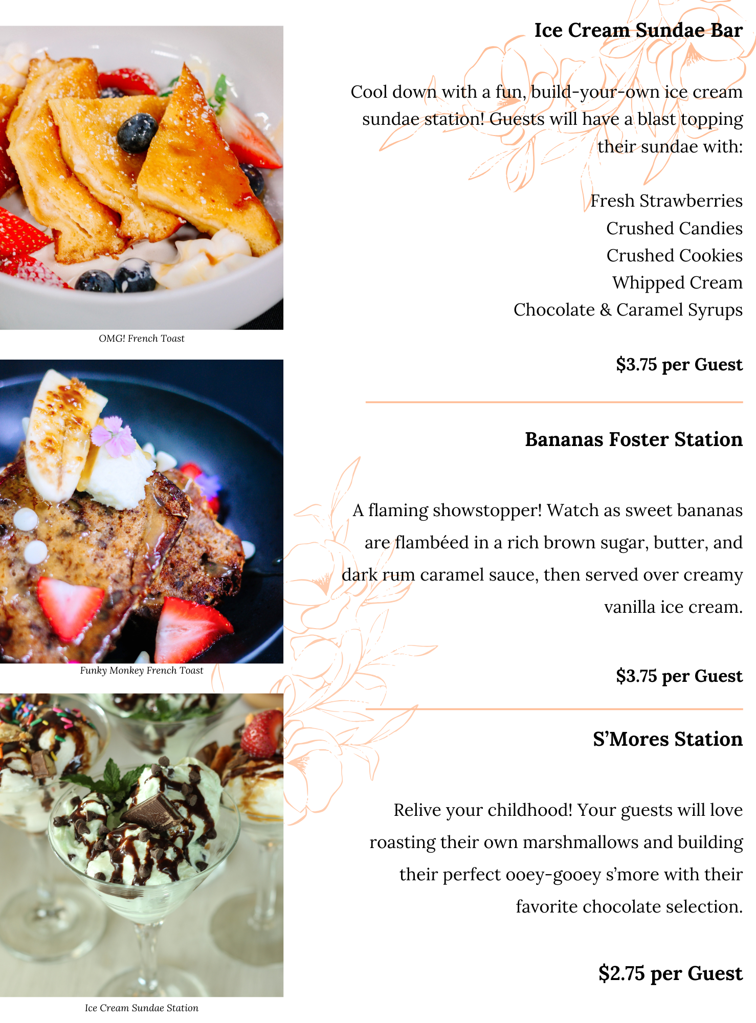 A dessert catering menu featuring an ice cream sundae bar, bananas foster station, and s’mores station. Menu includes images of French toast with berries, flambéed bananas with ice cream, and sundaes in glasses.