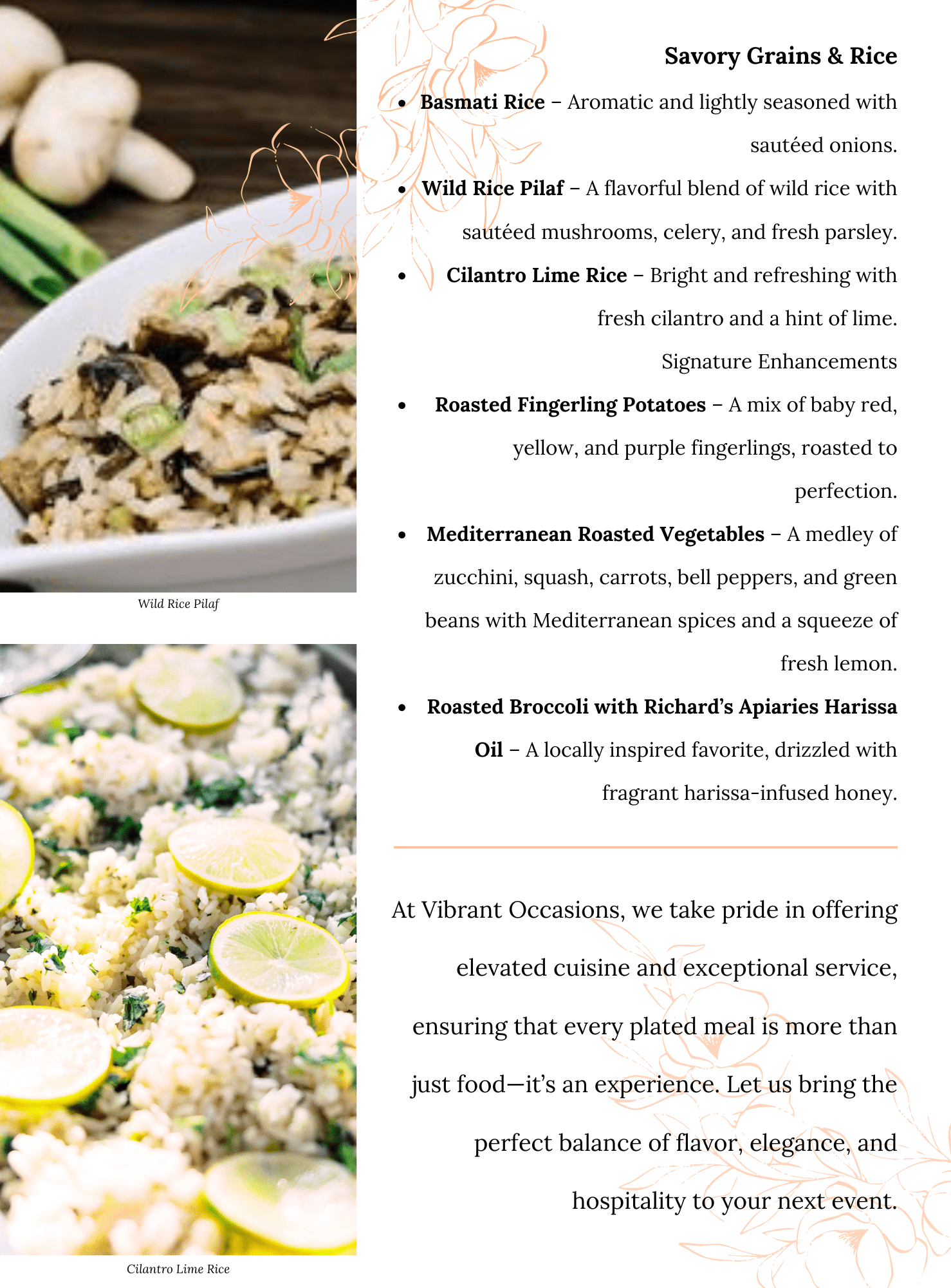 A menu section describing savory grains and rice dishes, with images of Wild Rice Pilaf and Cilantro Lime Rice. Text highlights ingredients and signature enhancements, with a note on cuisine quality at the bottom.