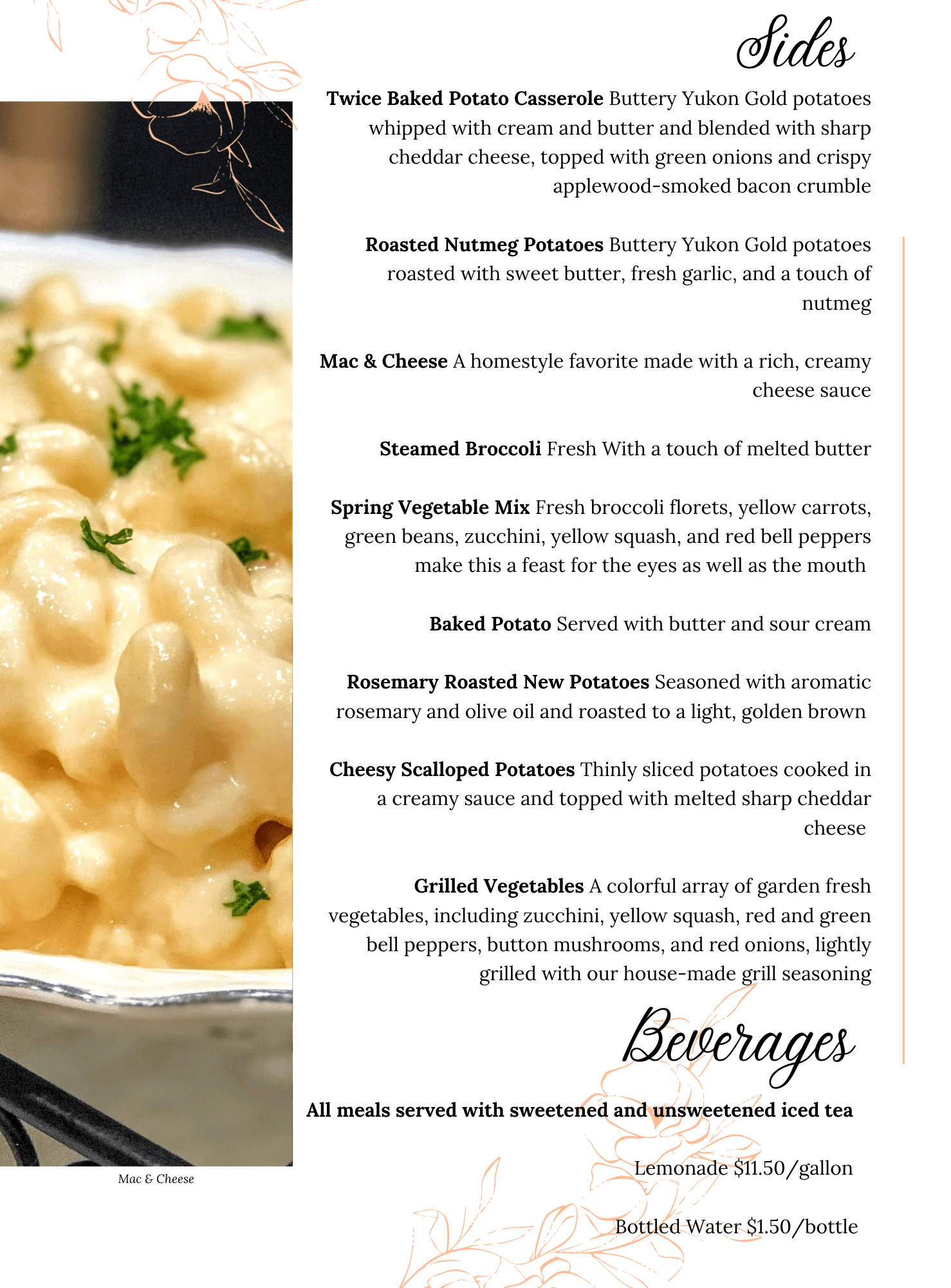 A menu with a blurred close-up image of macaroni and cheese on the left. The right side lists Sides and Beverages, featuring dishes like casseroles, veggies, potatoes, and drink options with prices.
