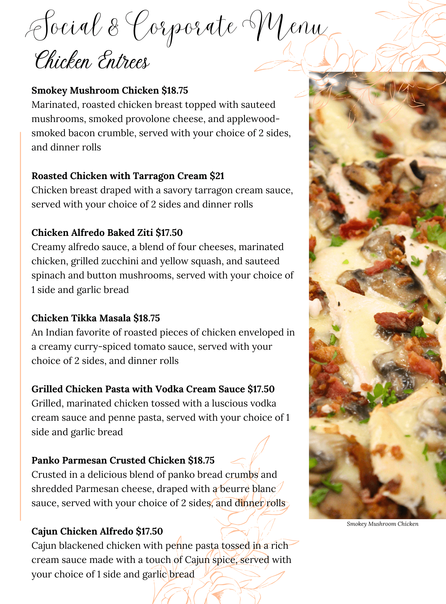 A restaurant menu for Social & Corporate Menu: Chicken Entrees is shown, listing various chicken dishes with descriptions and prices. A photo of chicken in a creamy sauce with herbs is at the bottom right corner.