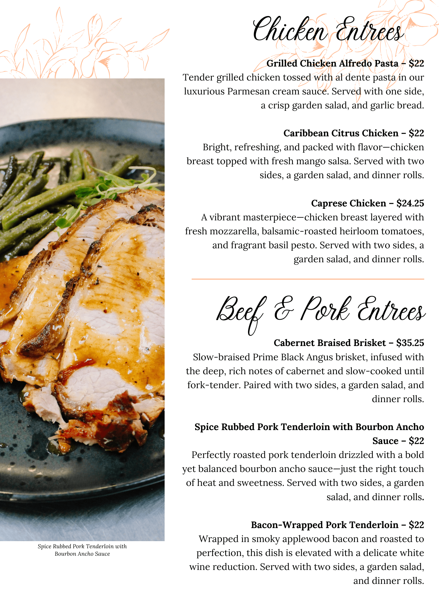 A restaurant menu page featuring Chicken Entrees and Beef & Pork Entrees sections, each with dish descriptions and prices. The left side displays a close-up of sliced meat with garnish.