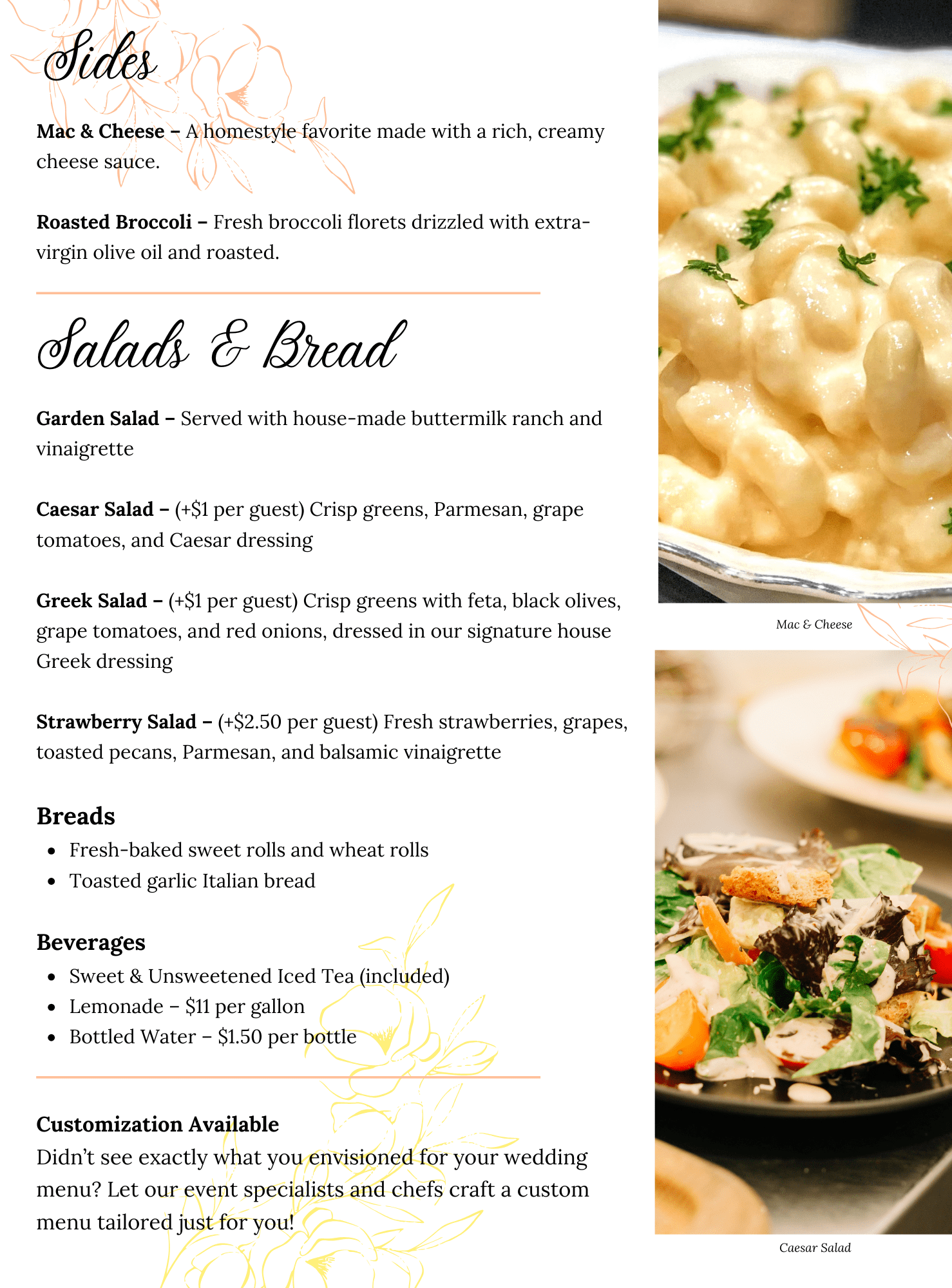 A catering menu featuring Sides and Salads & Bread sections with dish descriptions. Images of creamy macaroni and cheese and Caesar salad are shown on the right side. The menu also lists beverages and customization options.